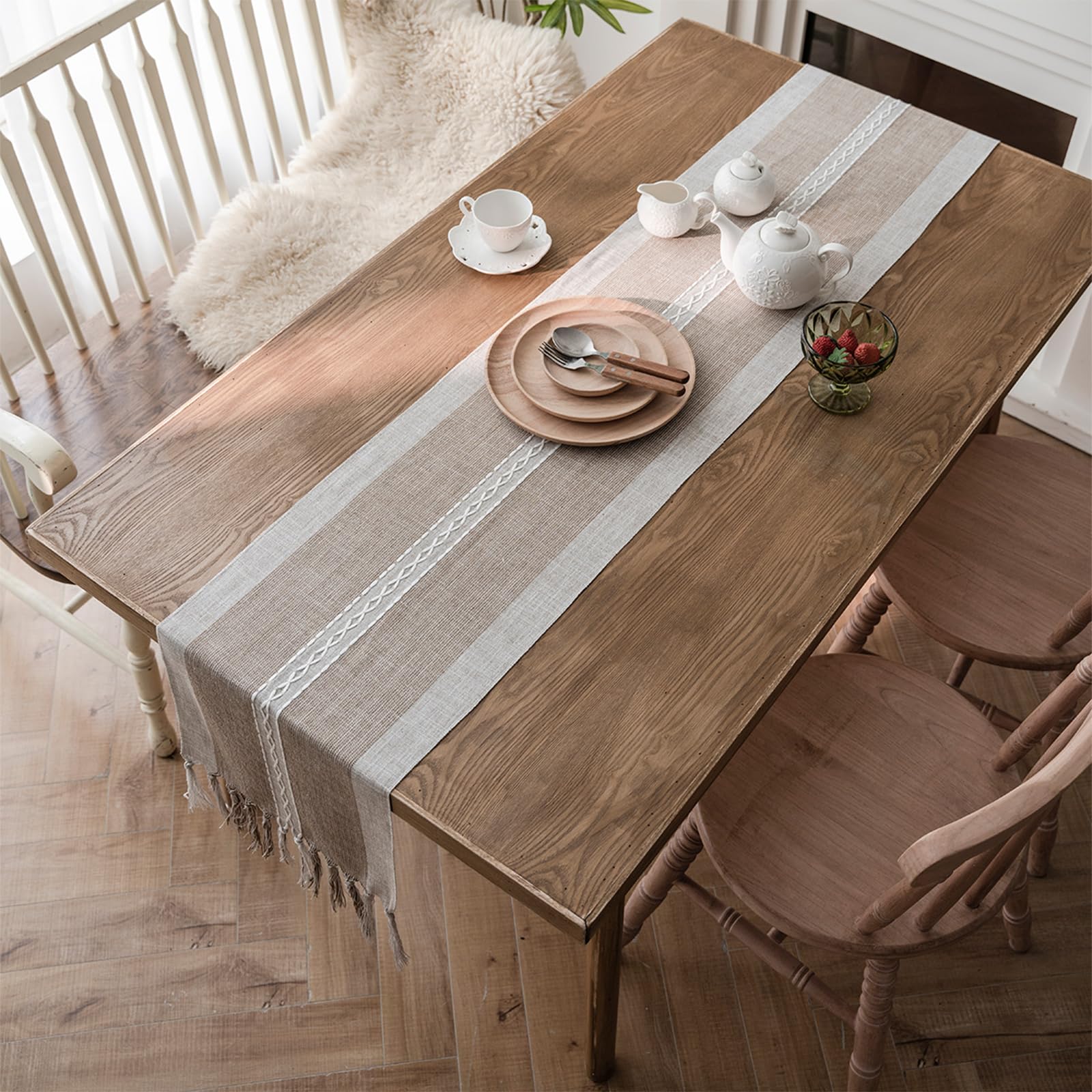 Niviy Chemin de Table brodé à Rayures tressées de Style bohème - Décoration de Table Basse en Coton et Lin - Décoration de Table pour fête de Vacances - 30,5 x 274,3 cm