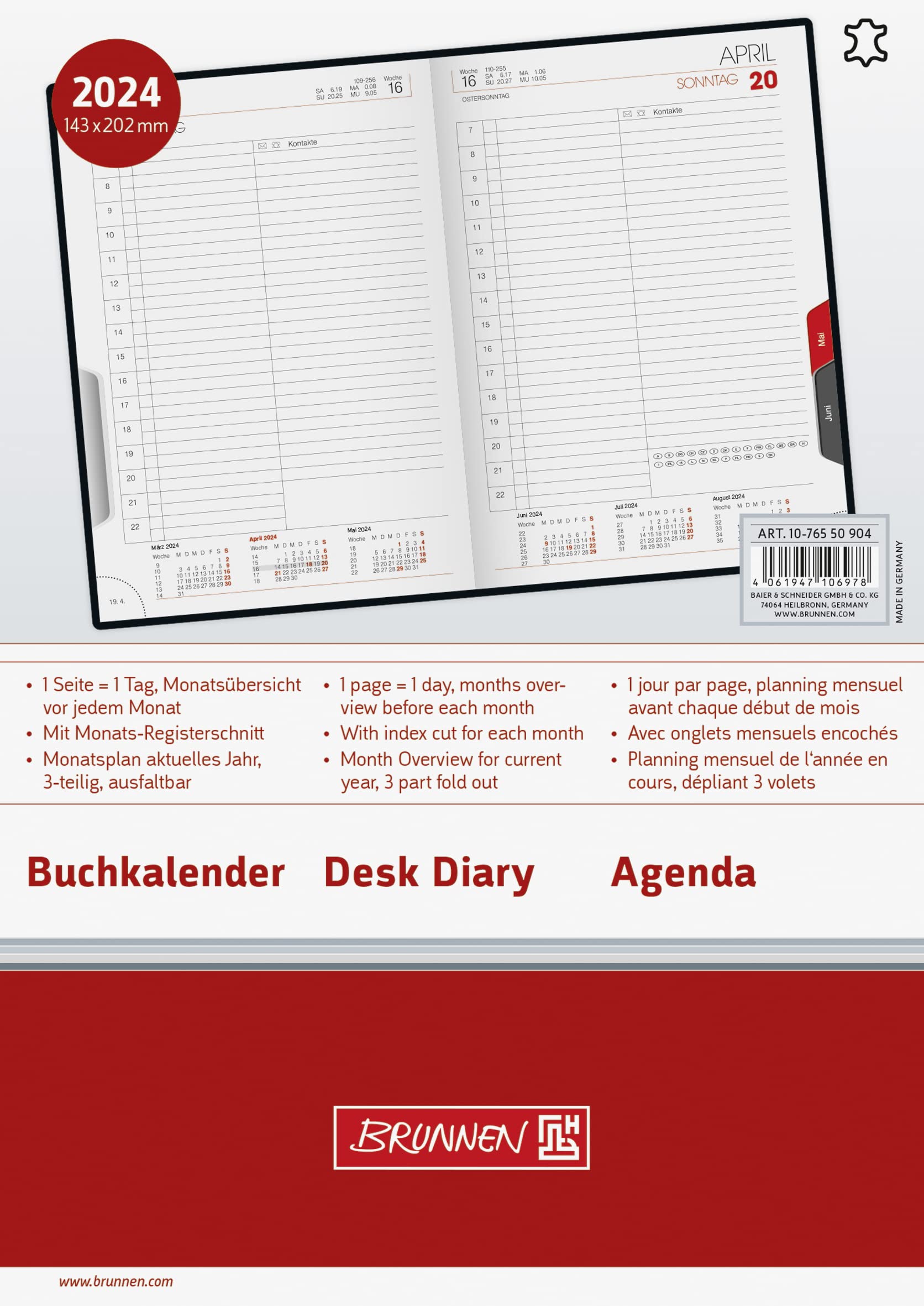BRUNNEN Tageskalender Modell 765 2024 1 Seite = 1 Tag Blattgröße 14,3 x 20,2 cm schwarz