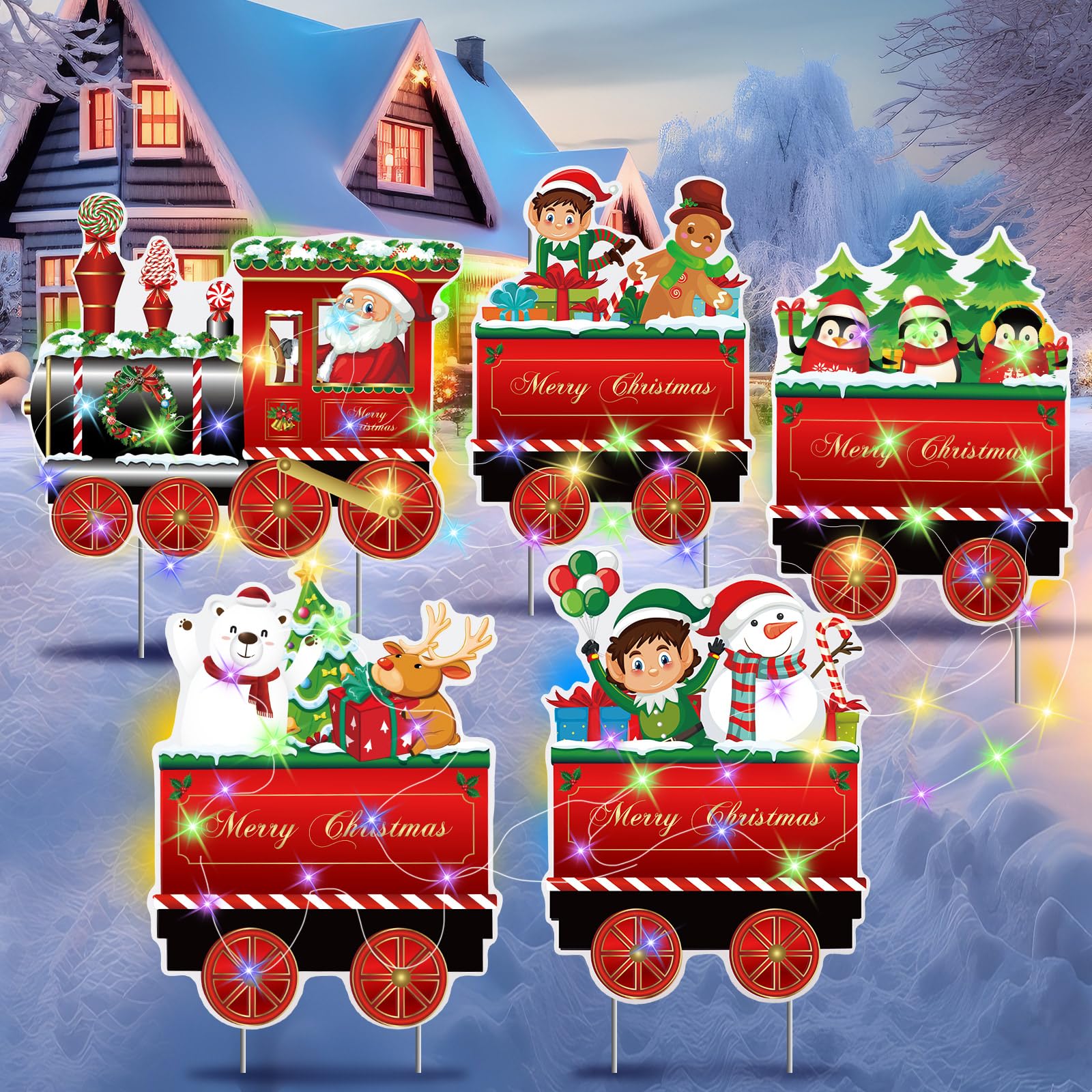 5 Pcs Christmas Yard Decorations Outdoor Train Lawn Sign with LED Lights Xmas Tree Santa Elf Gingerbread Snowman with Stakes for Christmas Outdoor Yard Winter Holiday Garden Decor