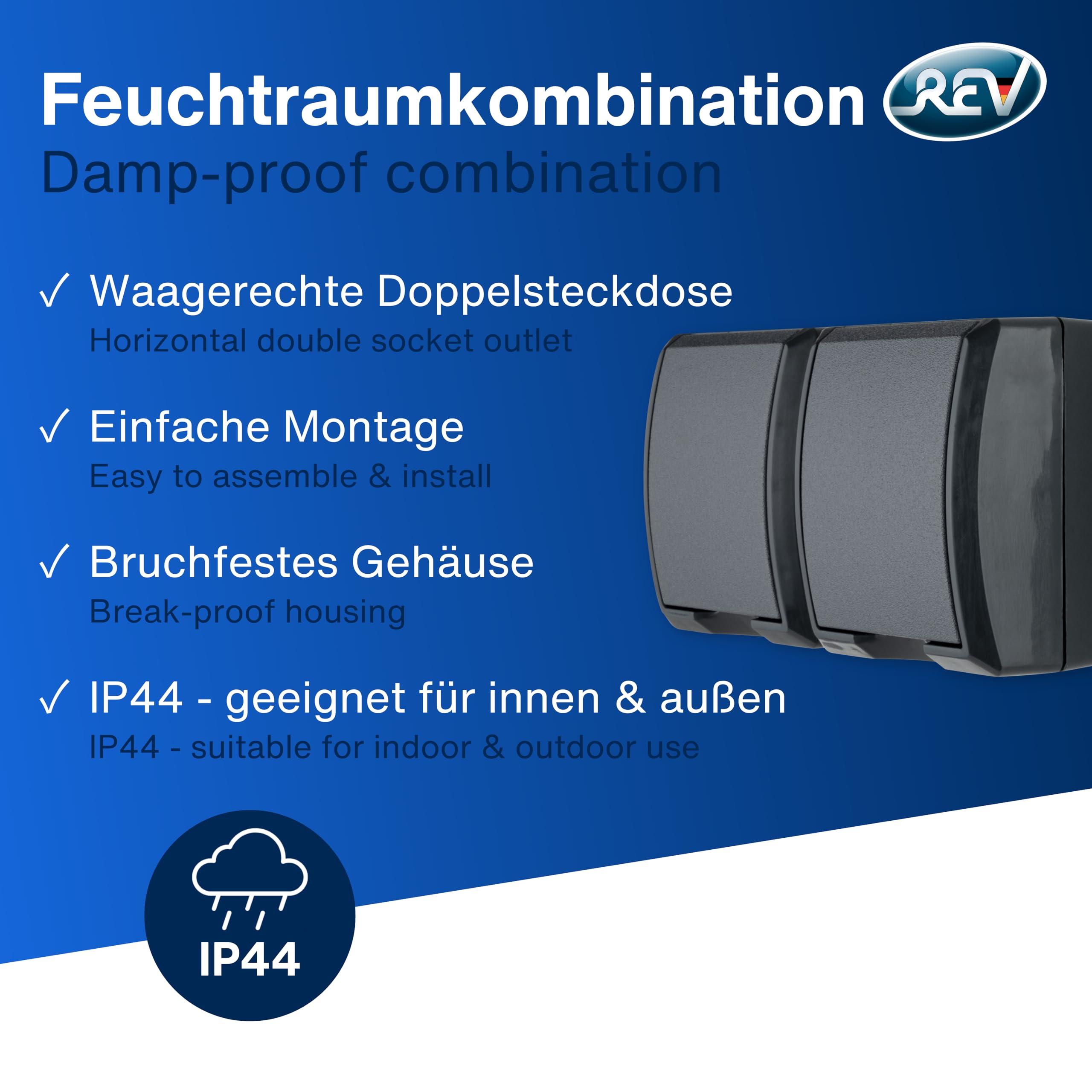REV Ekonomiczny zestaw 5 x podwójne gniazdko elektryczne – AquaForm gniazdko do pomieszczeń wilgotnych IP44, natynkowe, poziome, antracytowe