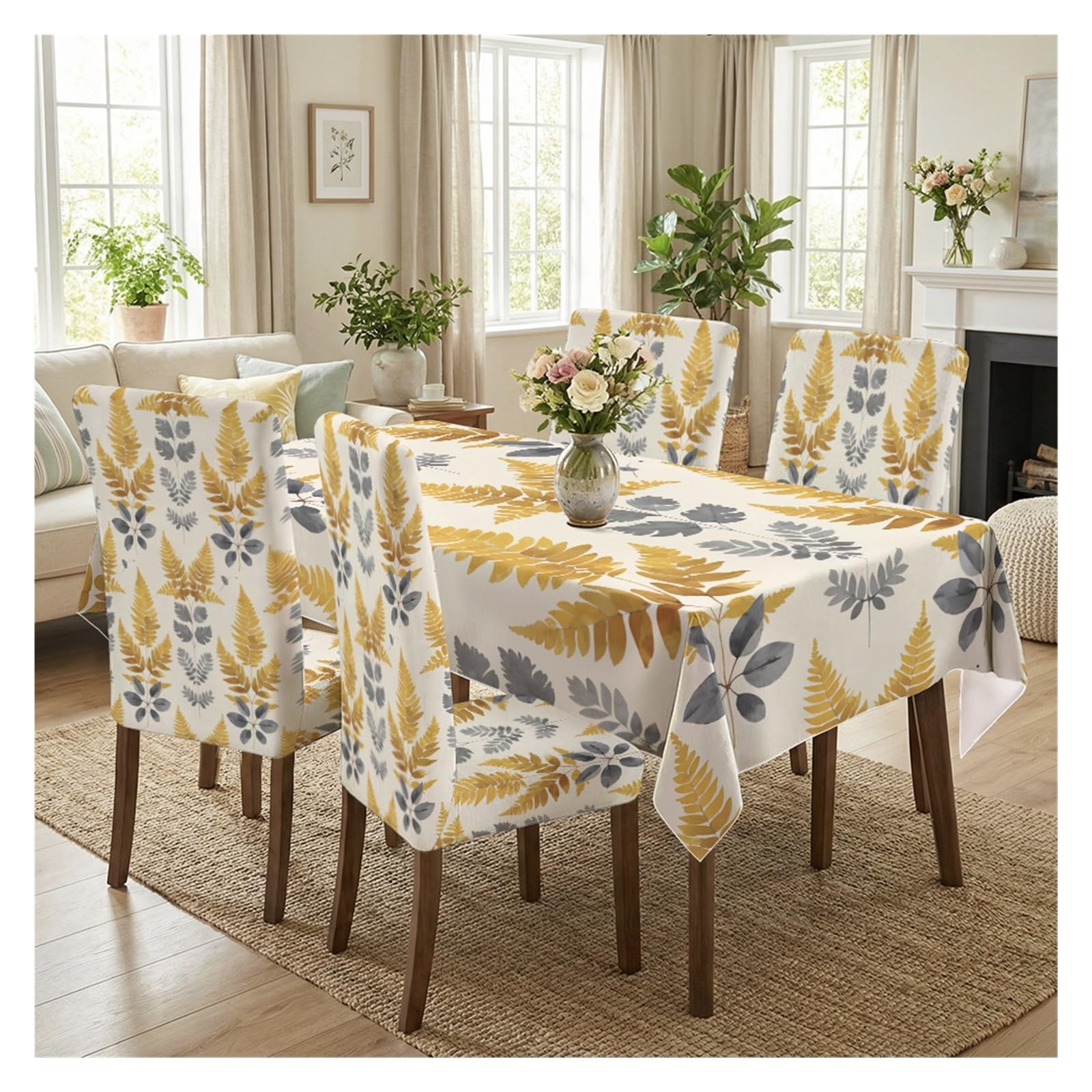KXUAUV Modern Yellow & Grey Fern Leaf Print Tablecloth And Chair Covers Set, Stretch Slipcovers For Neutral Minimalist Dining Room Decor, 5/7 Pack Party Decor(5pcs Set: Tablecloth+Chair Covers)
