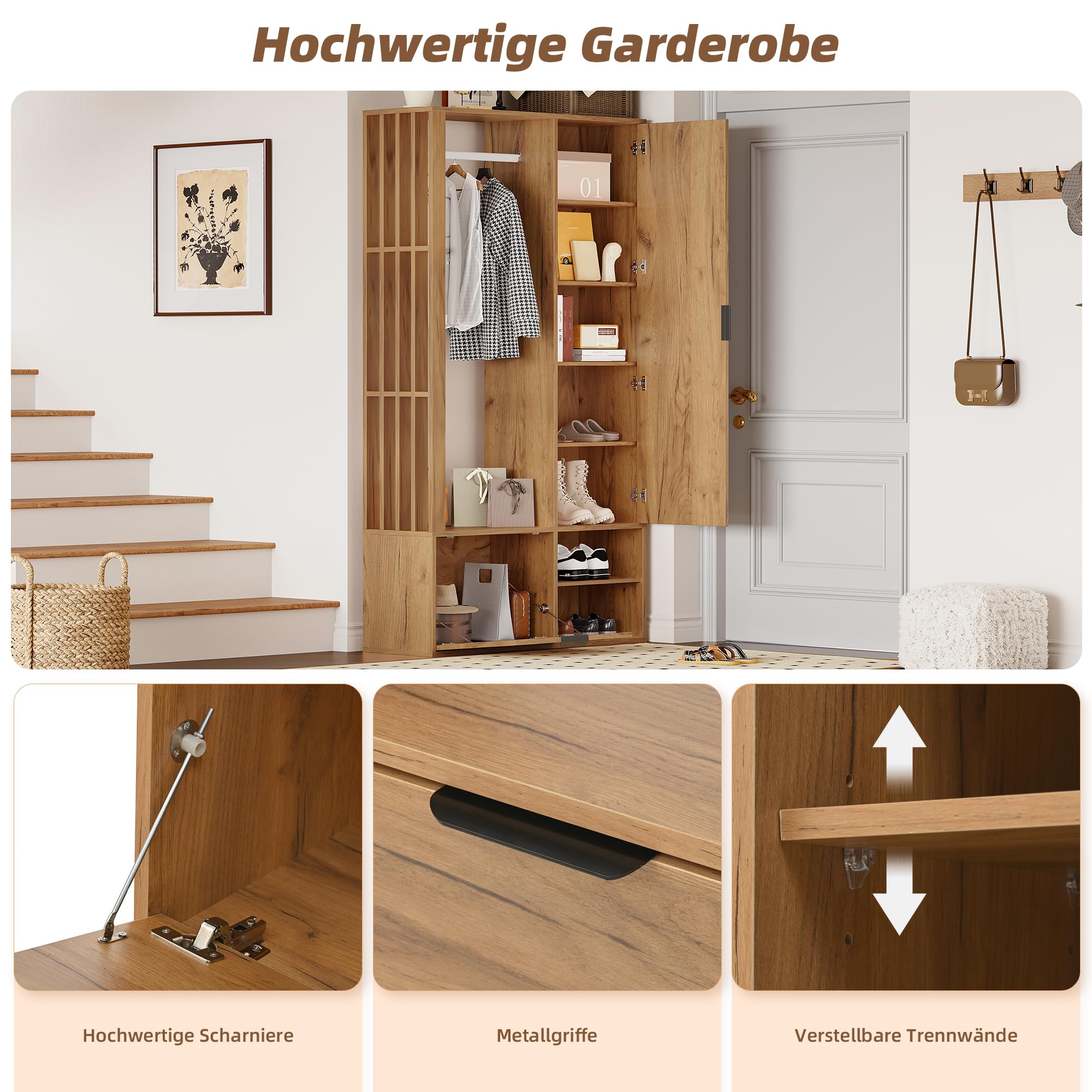 Juego de perchero 6 en 1 con espejo y barra para ropa, armario de madera con puerta plegable y 5 estantes, armario estrecho para pasillo, pasillo y vestíbulo, juego de muebles con zapatero, color