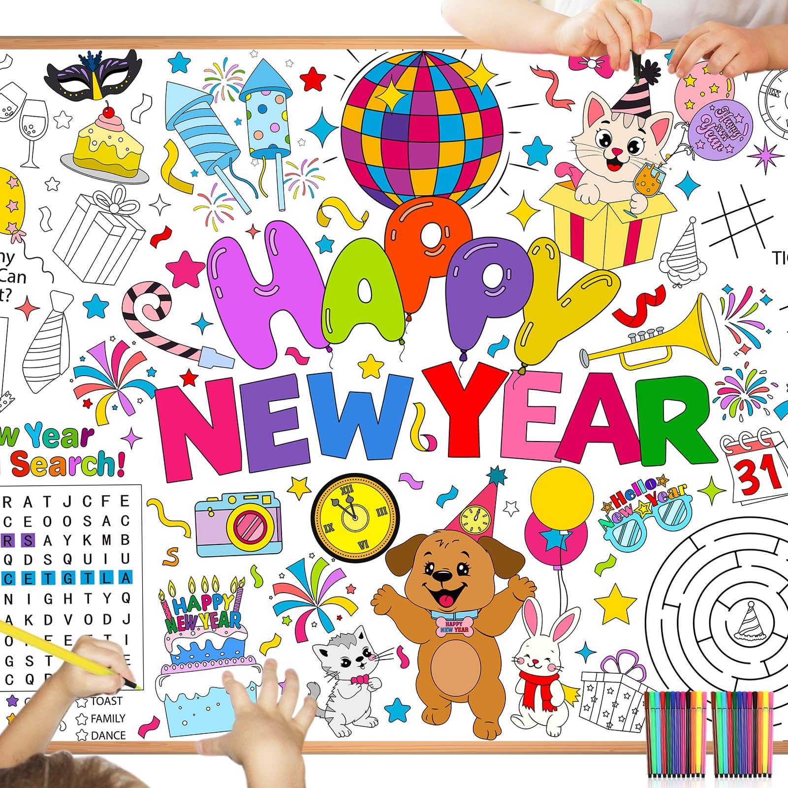 HOWAF Happy New Year Giant Colouring Poster with Pens, Coloring Book Poster Paper colouring table cloth New Years Eve Decorations 2027 Craft NYE Party Decorations 2027