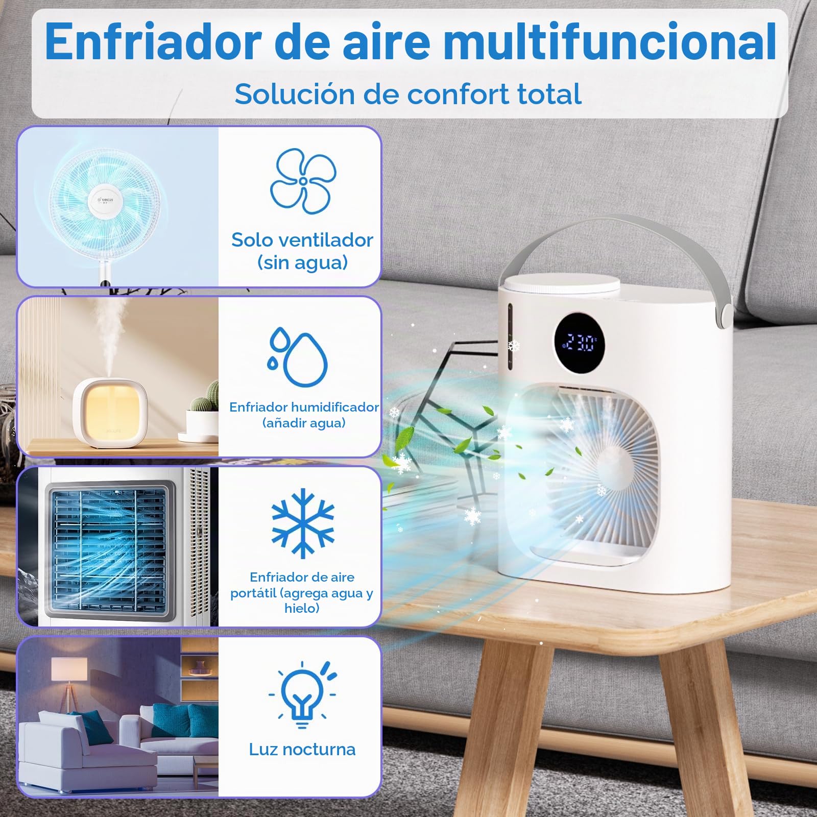 Aire Acondicionado Portatil, GuKKK 4 en 1 Mini Refrigerador de Aire Móvil Ventilador, 900ML Enfriador de Aire, USB Mini Aire Acondicionado, 3 Velocidades de Ventilador, para Hogar (Blanco A)