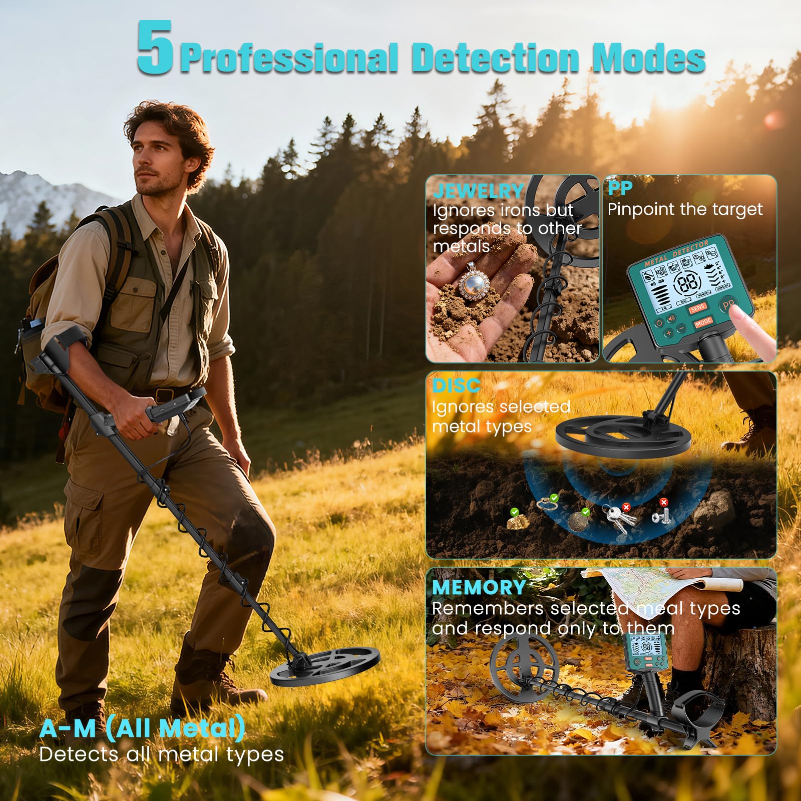 Détecteur de métaux professionnel avec 2 batteries rechargeables, 5 modes Détecteurs de métaux pour adultes et enfants, IP68 étanche Bobine de recherche de 26 cm avec écran LCD, écouteurs (Vert Foncé)
