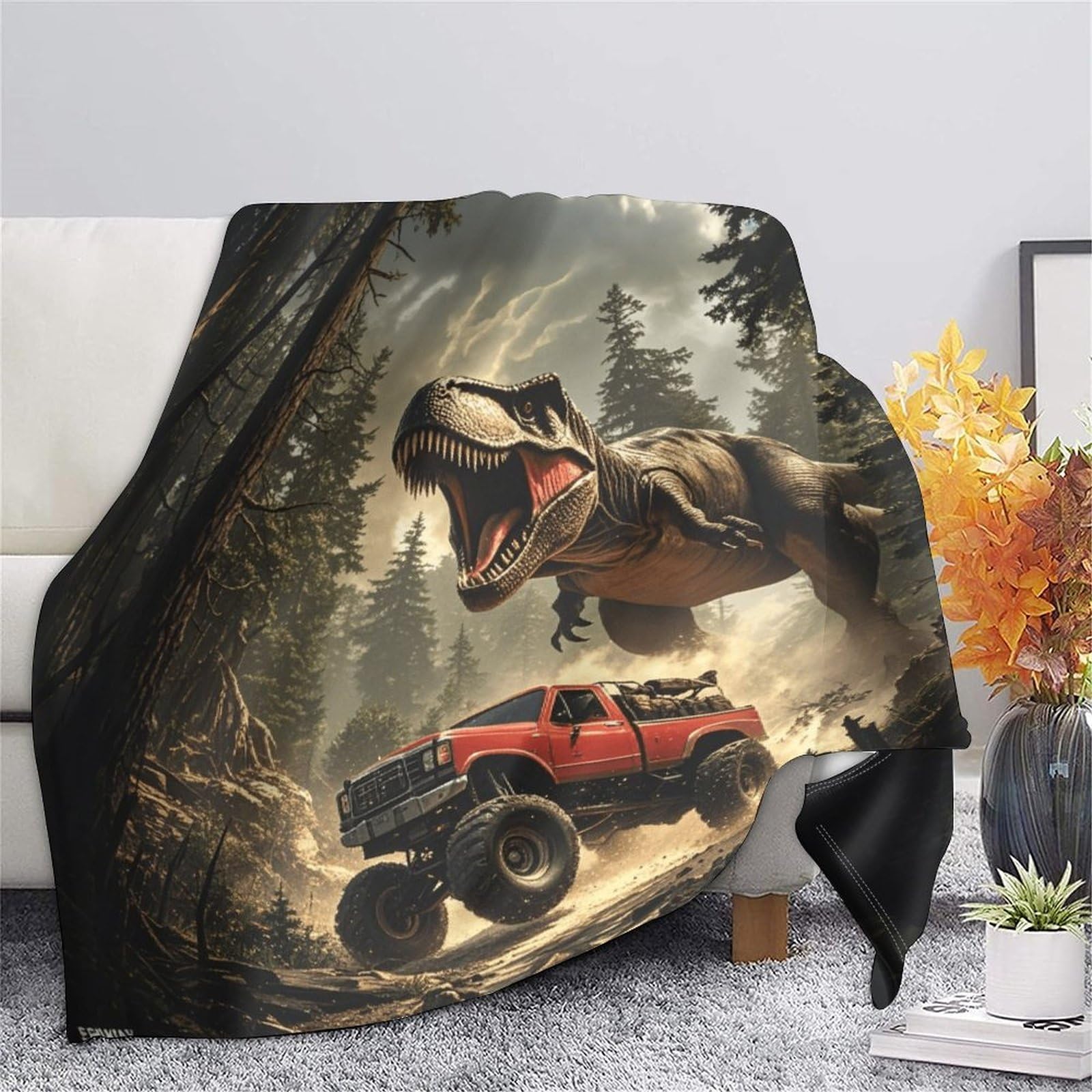 Dinozaur miękki i ciepły koc flanelowy, koc polarowy w kratę do łóżka, sofy, 80 x 90 cali (200 x 230 cm) T-Rex Monster Truck Pluszowy koc z polaru Sherpa - efekt uspokajający głęboki nacisk
