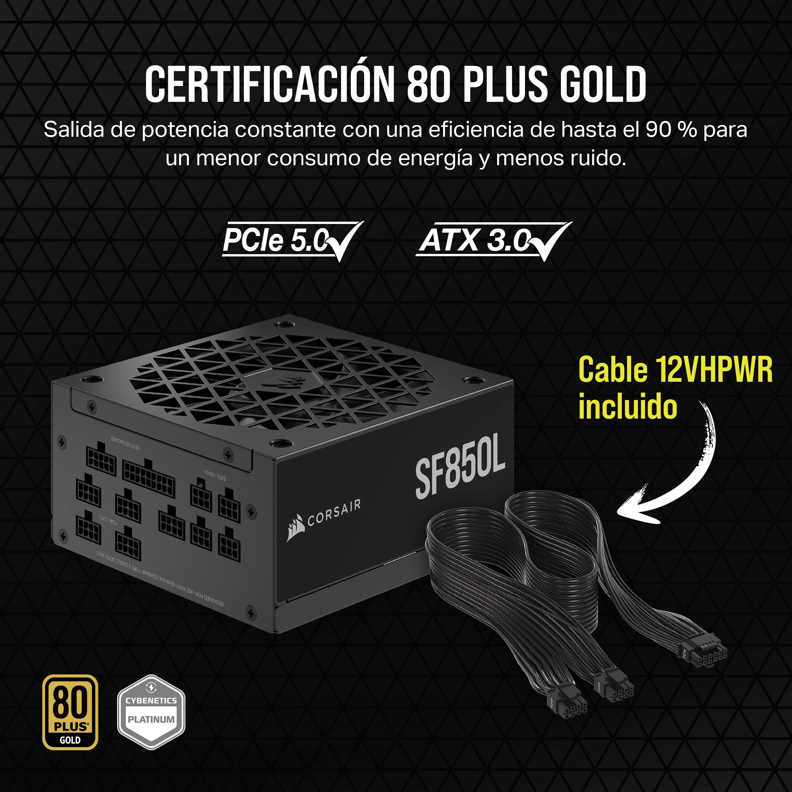 Corsair SF850L Fuente de Alimentación SFX Totalmente Modular de Bajo Ruido - Compatible con ATX 3.1 y PCIe 5.1 - Ventilador Silencioso PWM de 120 mm - Eficiencia 80 Plus Gold - Modo RPM Cero - Negro