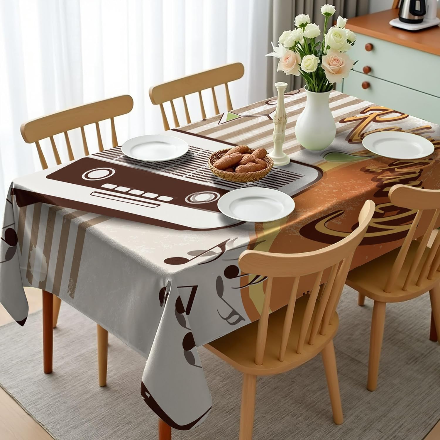 Ambesonne 70s Party Tablecloth, Retro Party Themed Artwork Old Radio Cocktails Floral Details Print, Dining Room Kitchen Rectangular Table Cover, 60" X 84", Brown Orange