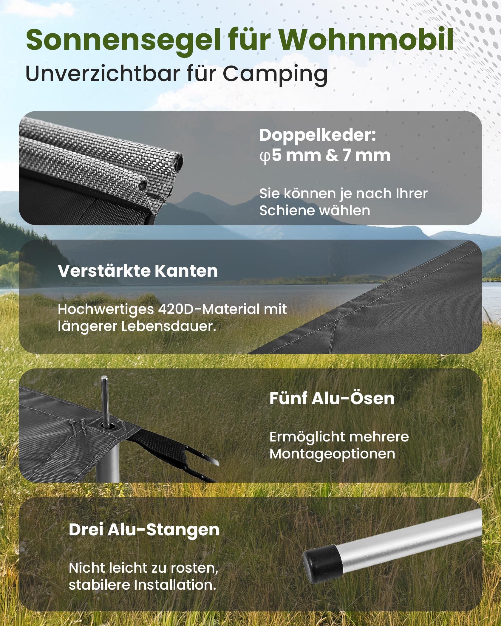 Sonnensegel Wohnwagen 300x240cm Vorzelt Markise für Wohnmobil mit 2 x Keder und 3 x Aluminiumstange, als 5000ml Wasserschutz und 50+ UV Sonnenschutz