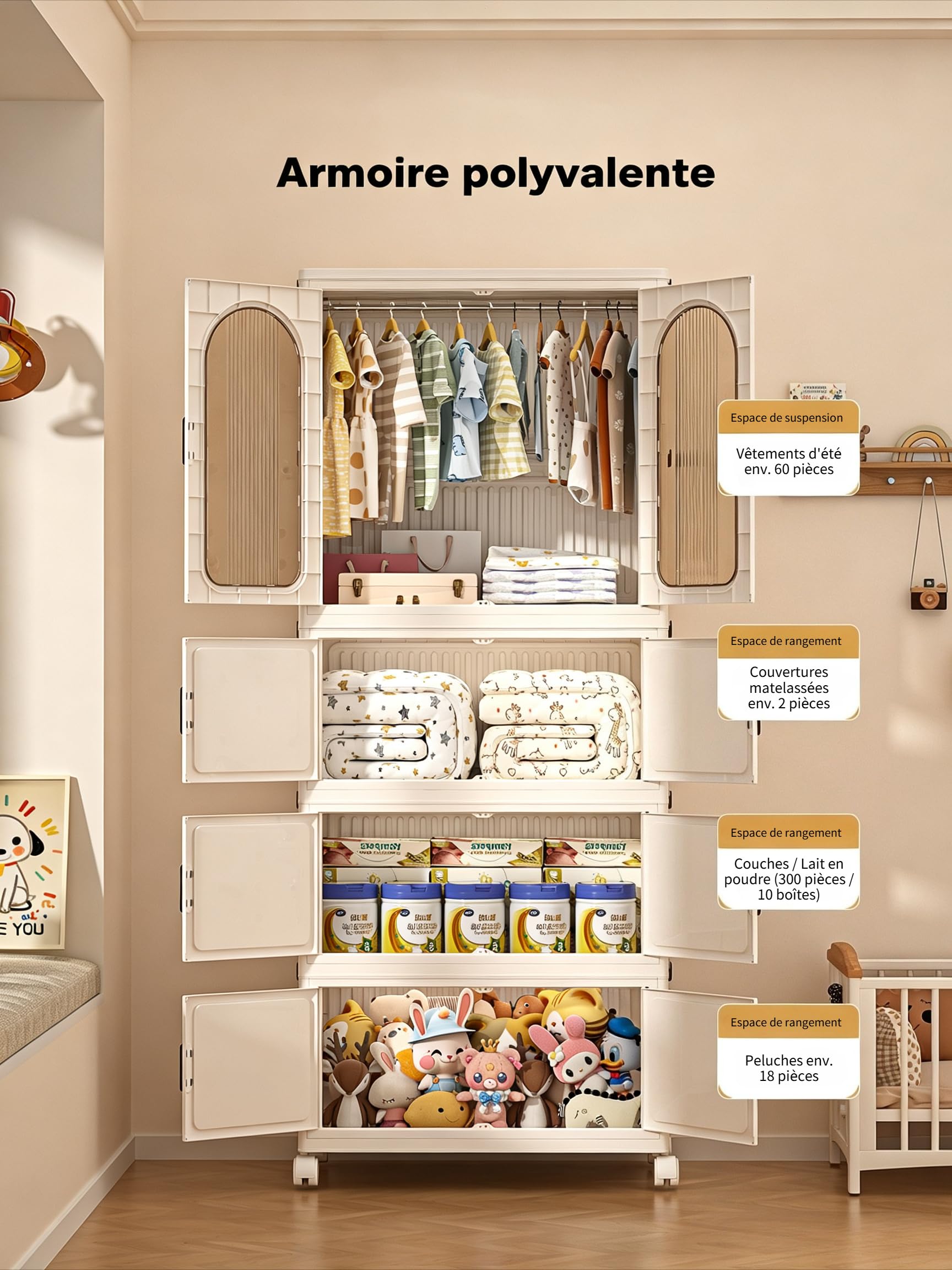 Armoire à vêtements pliable à roulettes, capacité 365L, 3 étagères en plastique, portes transparentes, anti-poussière et résistante à l'humidité