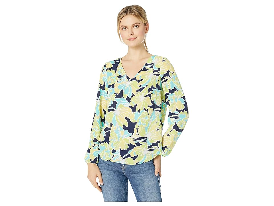 

Pappagallo V-Neck Tie Cuff (Bright Navy Multi) Women's Blouse