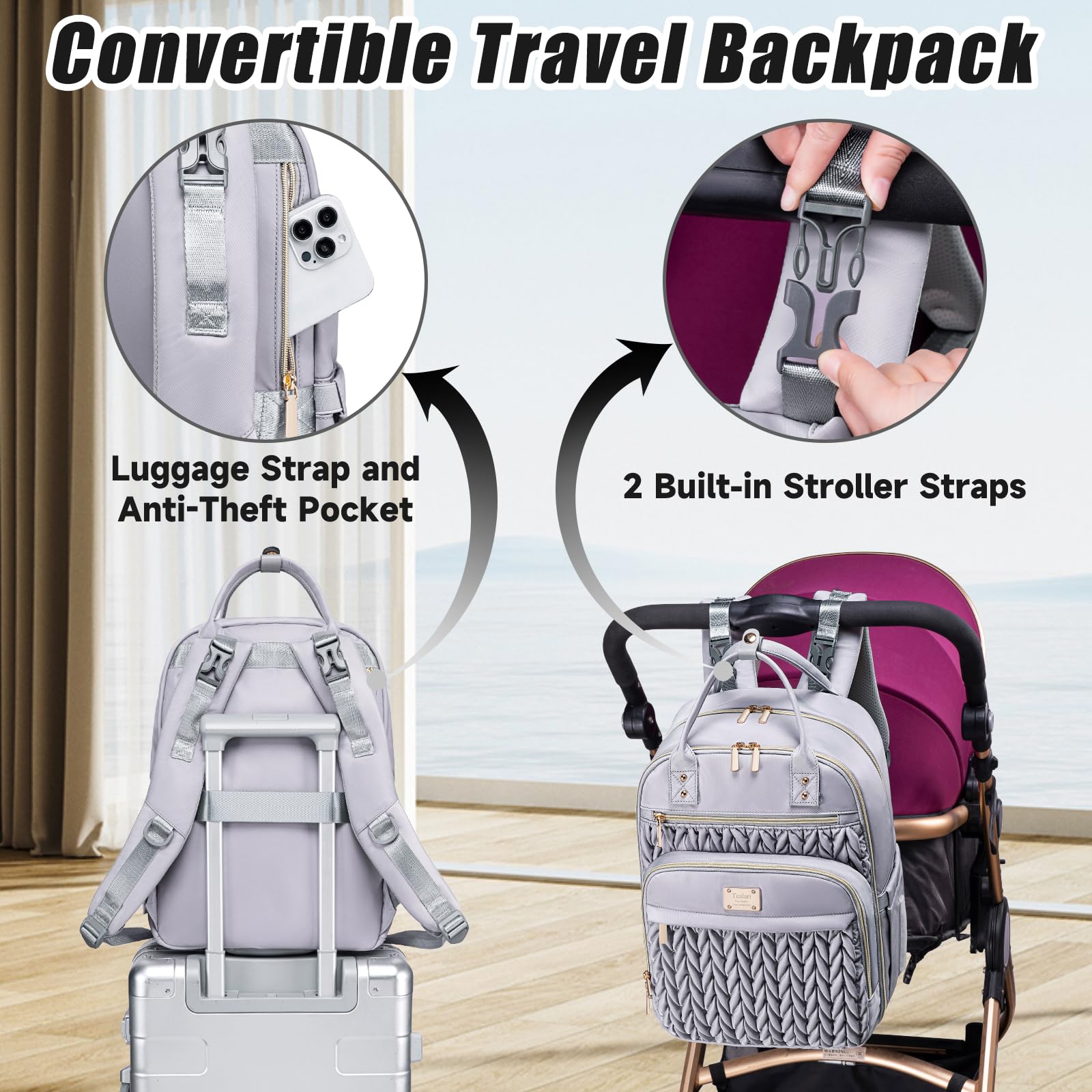 Tealari Wickeltaschen-Rucksack, stilvolle Baby-Wickeltasche, wasserdichter Reise-Wickelrucksack mit Wickelunterlage, Kinderwagengurten