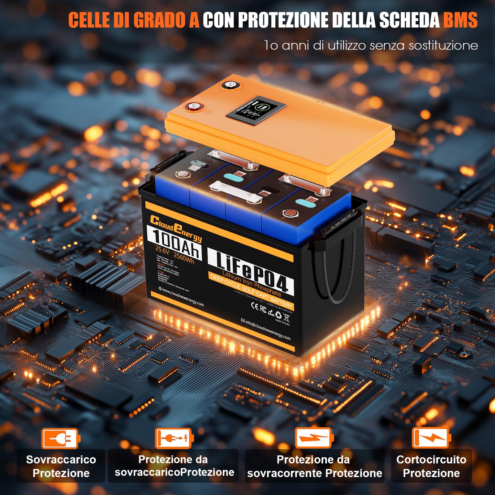 Cloudenergy 25,6 Volt 100Ah LiFePO4 Batteria al litio ferro fosfato con capacità di 2560 Wh, BMS Bluetooth da 100Ah con touchscreen e oltre 6000 cicli per camper, barche e campeggi.