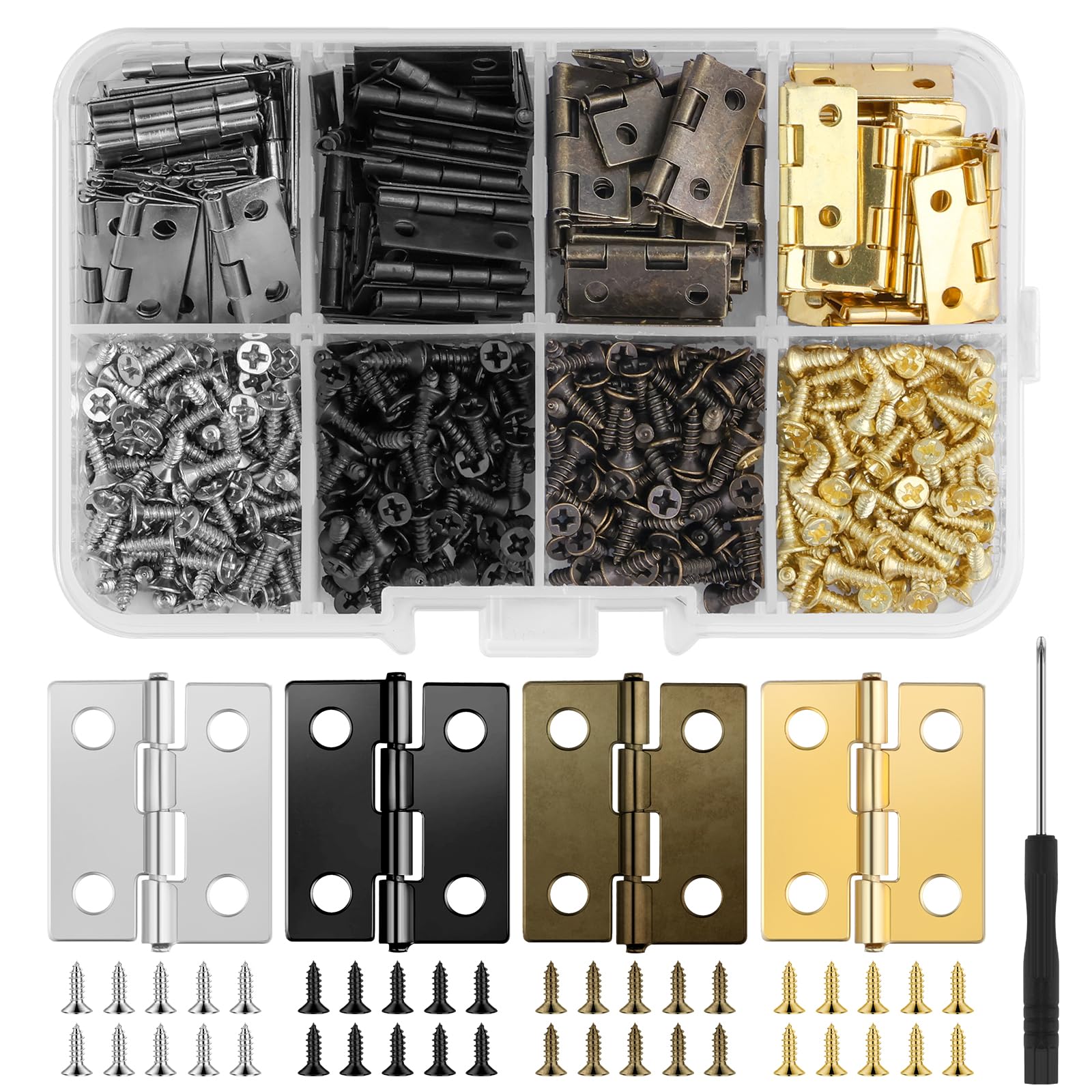 120 Pcs 1 inch Small Hinges,4 Colours Hinge for Wooden Boxes,Small Cabinet Hinges with 480 Screws and 1 Screwdriver,Door Hinges for DIY Crafts,Jewelry Box,Cabinet