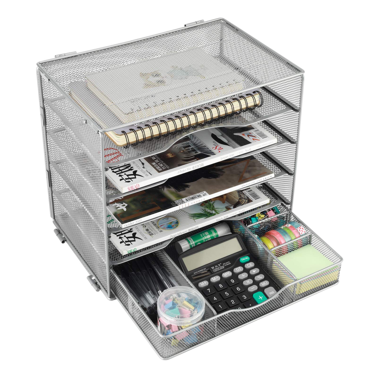 EasyPAG Portadocumenti da Scrivania A4 5 Compartimenti Metallo Rete,Vassoio Lettere,Ripiano Portacorrispondenza,Organizzatore Carta con Cassetto per Ufficio & Casa,Argento