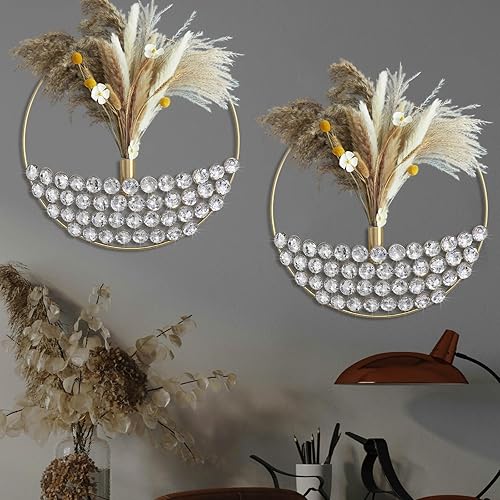 Juego de 2 macetas colgantes redondas de metal con diamantes de imitación de 11.8 x 11.8 pulgadas, flores secas, decoración de pared, florero de
