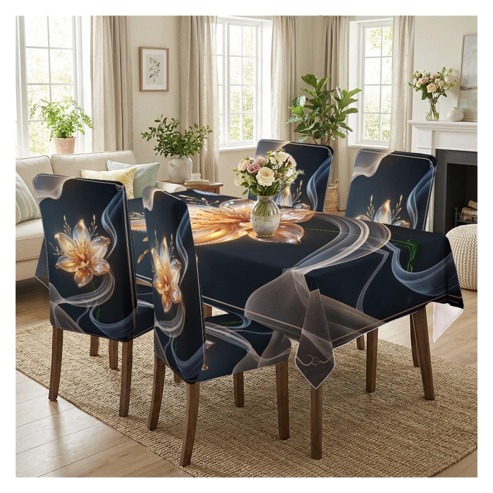 KXUAUV Dark Background Glowing Golden Lily Ribbon Print Stretch Dining Chair Slipcover & Tablecloth Set, Elegant Modern Luxury Dining Decor, 5/7 Pack Party Decor(5pcs Set: Tablecloth+Chair Covers)