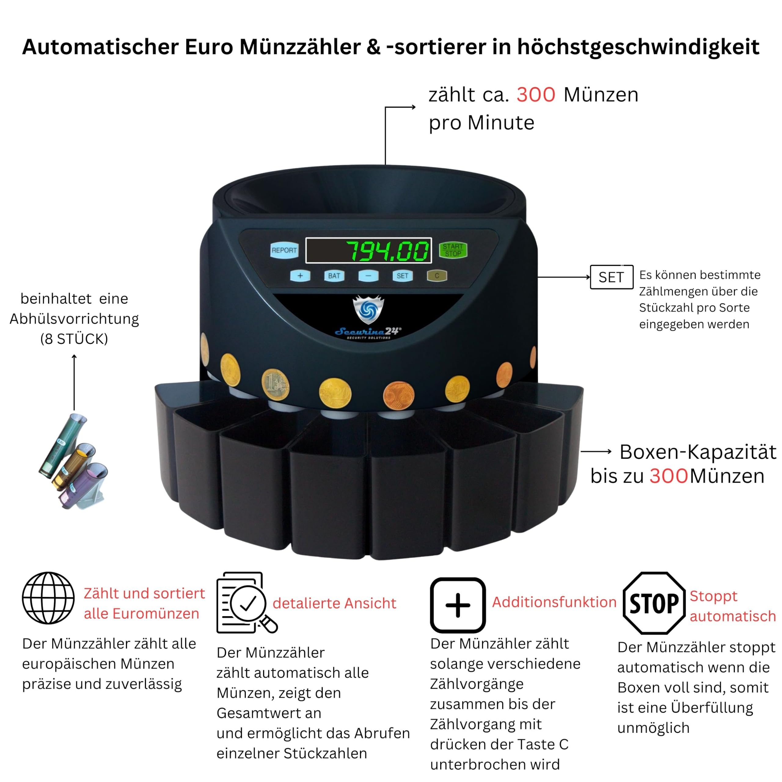 Automatischer Euro Münzzähler & -sortierer Geldzählmaschine SR1200 mit Abhülsung Geldzähler Münzzählautomat Securina24 (schwarz - BBB)