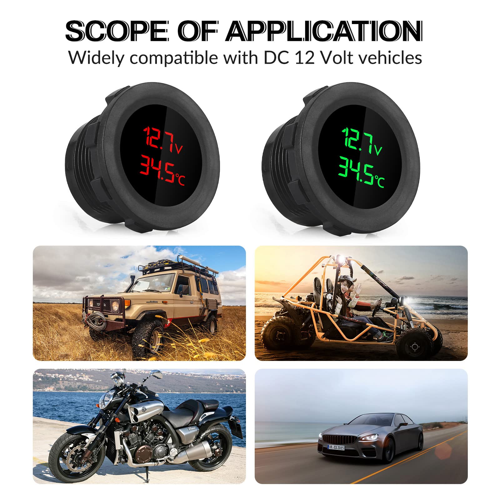 Voltmètre de voiture avec moniteur de température 12 V LED Affichage numérique Jauge de tension pour bateau, camping-car, véhicule marin, moto, camion
