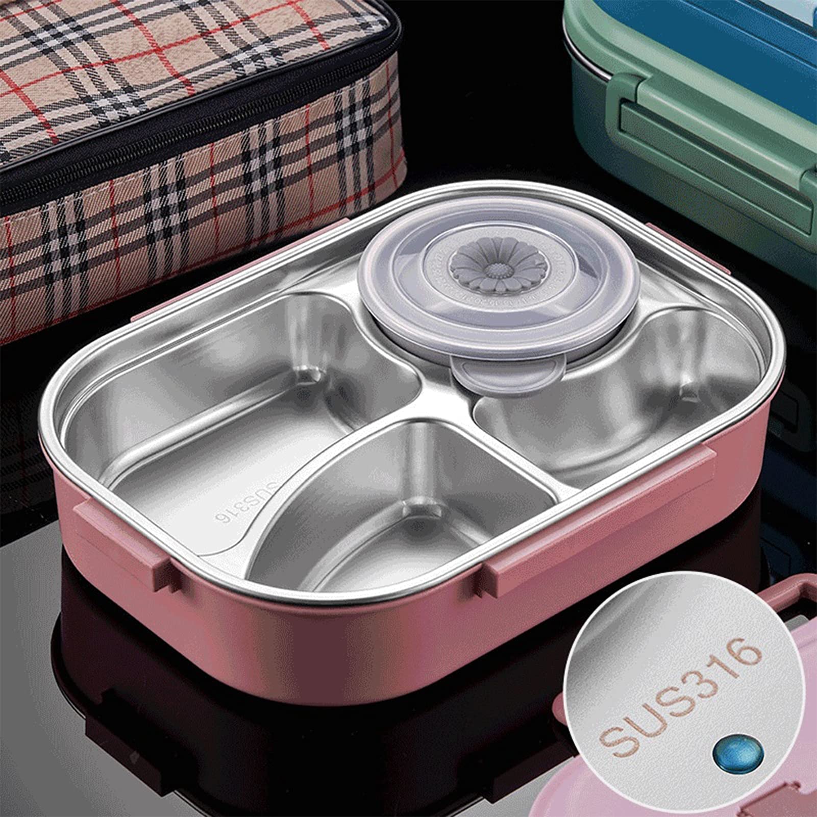 Fiambrera Bento con 4 Compartimentos, fiambreras de 1500 ml, Recipientes Termicos para Alimentos de Acero Inoxidable con lonchera y Cubiertos aislados,para Escuela Oficina Picnic,Rosado