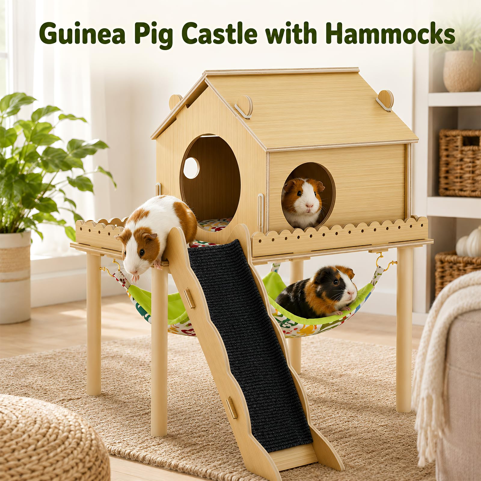 Maison 3-en-1 pour cochon d'Inde, maison pour hamster avec plateforme, escalier, rampe et cachette, accessoires pour petits animaux avec hamac, convient pour lapins, hamsters nains