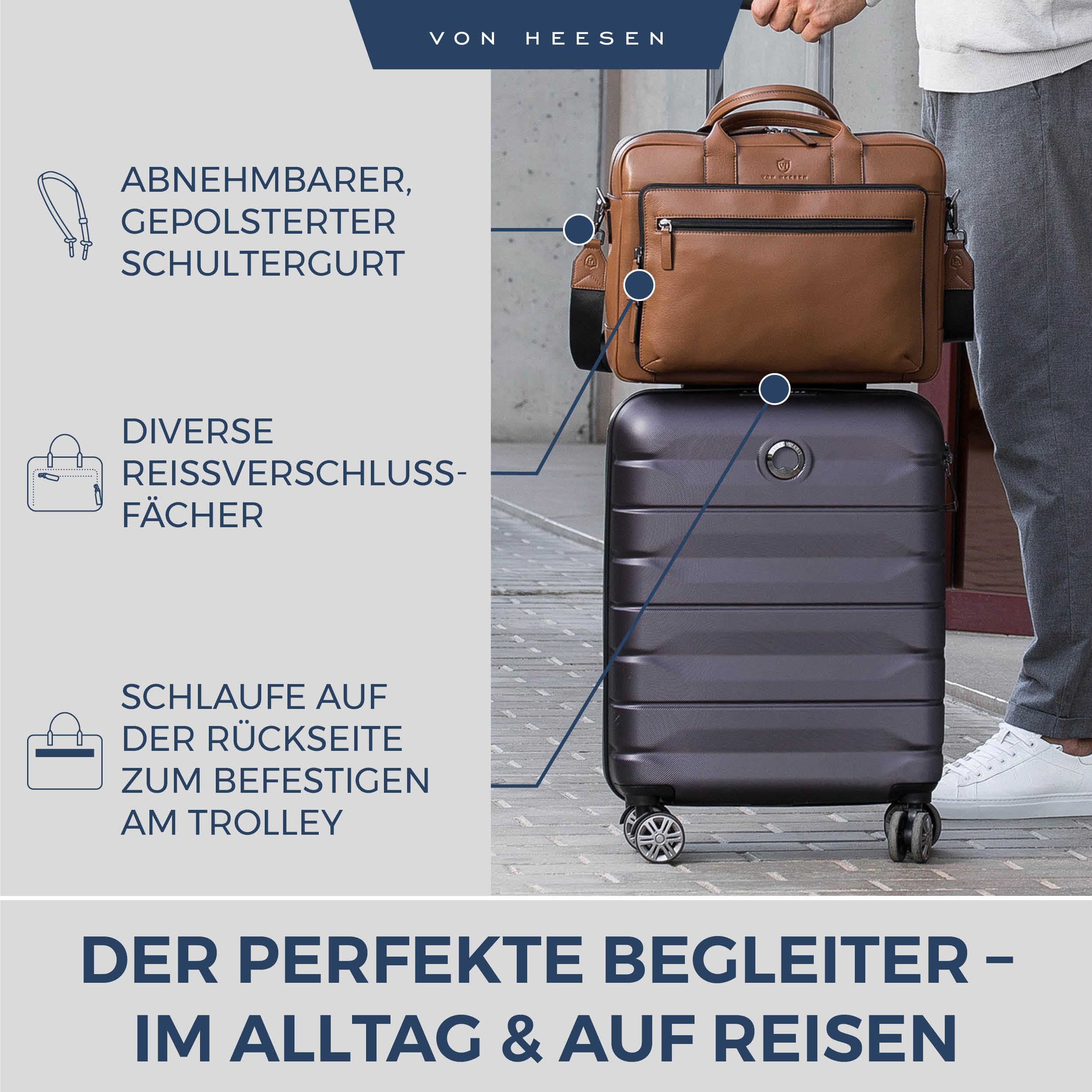 VON HEESEN Umhängetasche & Laptoptasche aus echtem Leder bis 16 Zoll - Aktentasche Herren & Damen - Luxuriöse Echtleder Arbeitstasche für Büro & Alltag