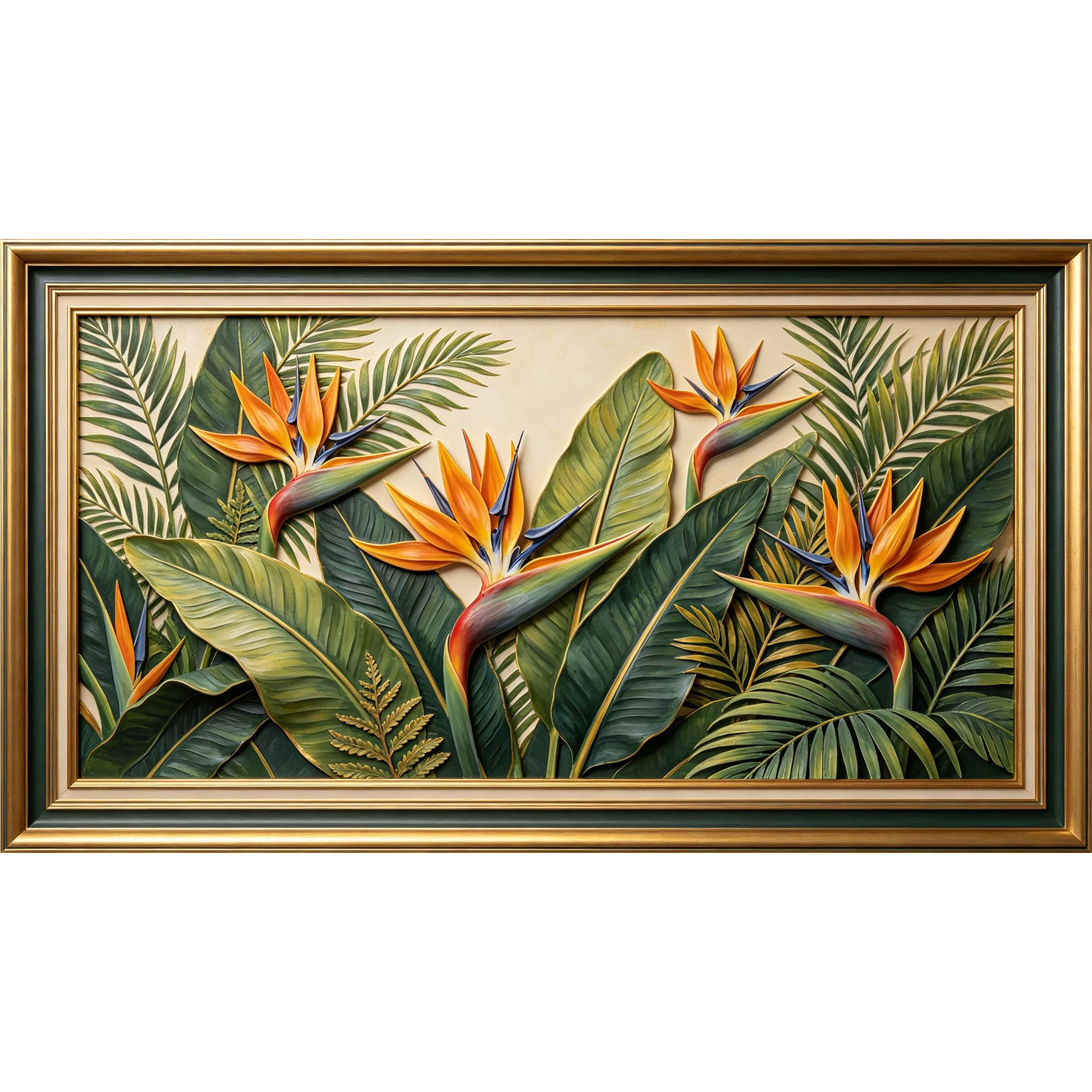 QZLITHOTIC 50×100cm 3D Framed Wall Art， Tropical Bird of Paradise Botanical Jungle Leaf Pattern Self?Adhesive Mural， Water?Activated Peel & Stick Fabric Decor Wall Decal for Bedroom Living Room