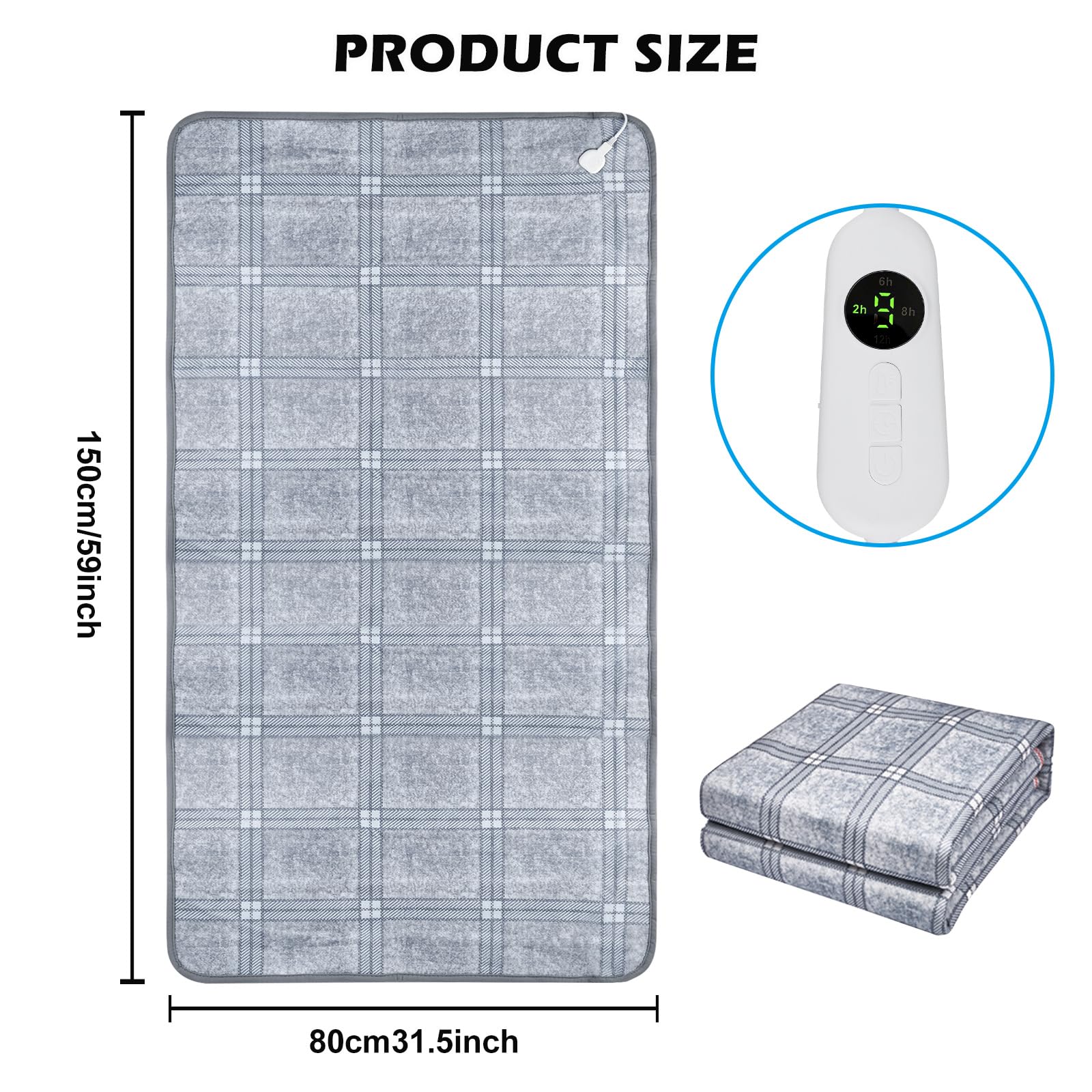 Manta eléctrica con apagado automático, 150 x 80 cm, manta térmica eléctrica con 4 niveles de calor, temporizador de 12 horas, protección contra sobrecalentamiento, resistente al agua, para cama y