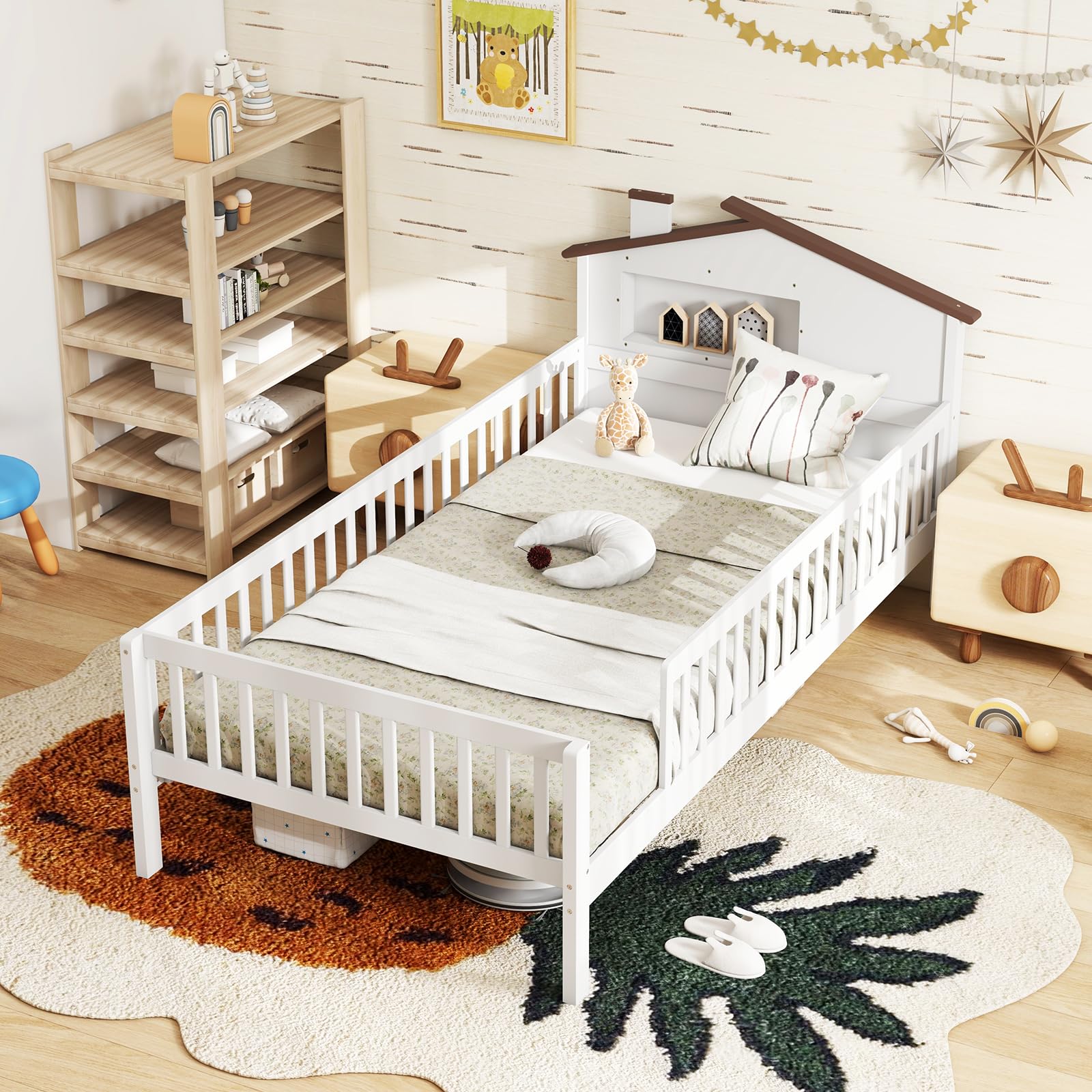 KOMFOTT Twin Bed Frame with Rails & House Shaped Headboard, Solid Wood Platform Bed with Safety Guardrails, Storage Cube & Under-Bed Storage, No Box