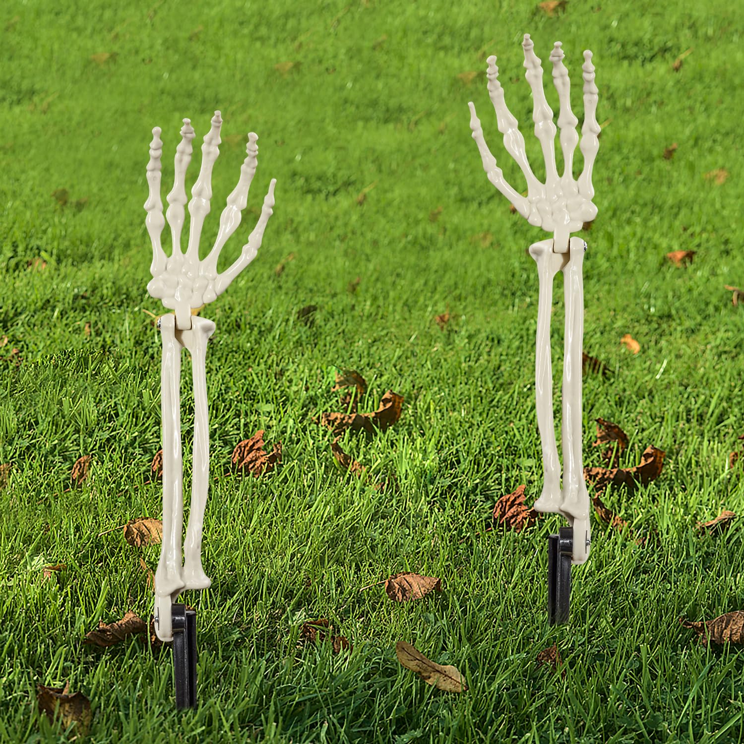 Aofox White & Black Halloween Realistic Skeleton Stakes Zombie Ghost Arm Stake Severed Plastic Skeleton Hands Yard Signs For Halloween Props Decorations (1 Pair)