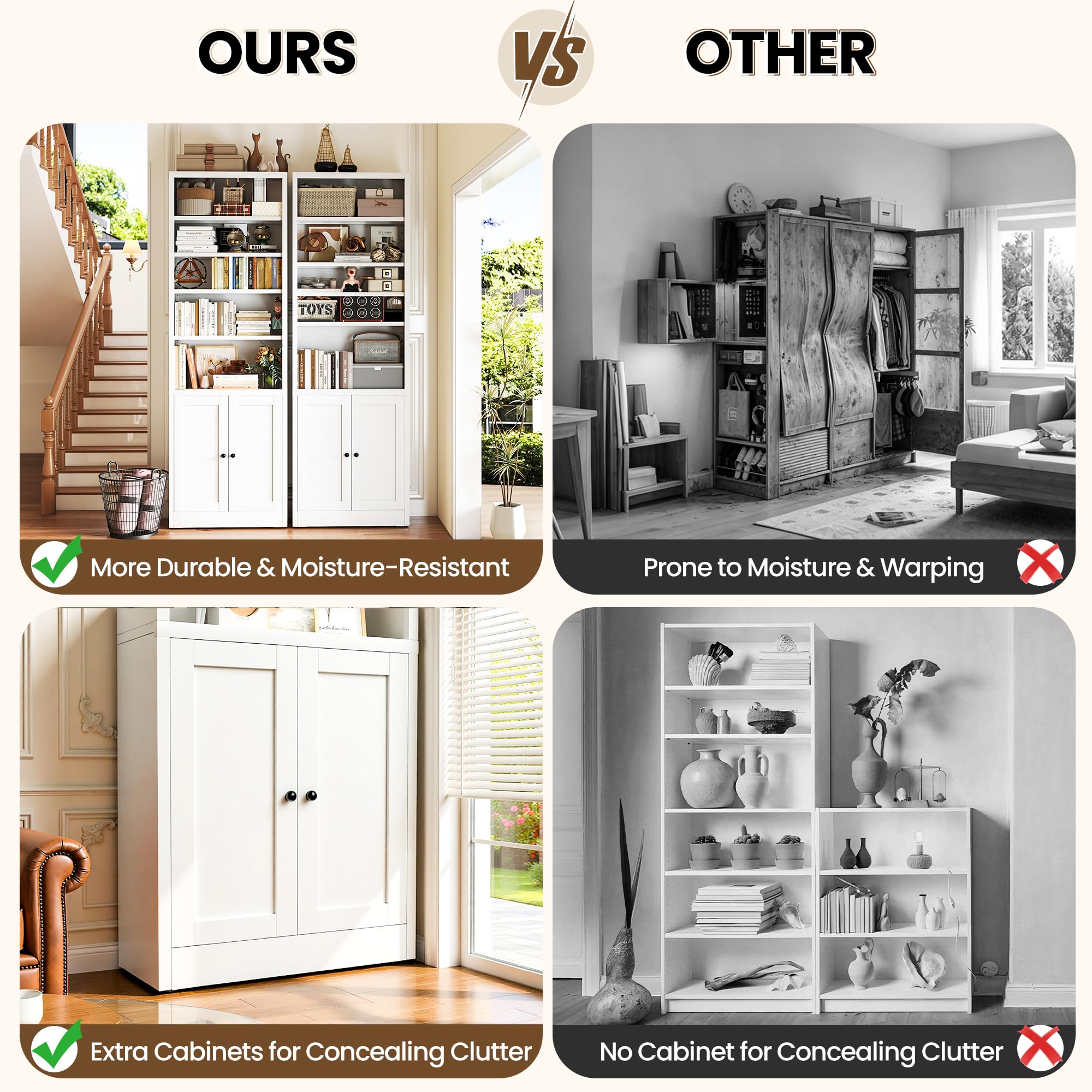 24" breites Bücherregal mit Schrank, 7-stufiges Bücherregal und 5 verstellbare Einlegeböden, hohes Metallbücherregal für Home Office und Wohnzimmer