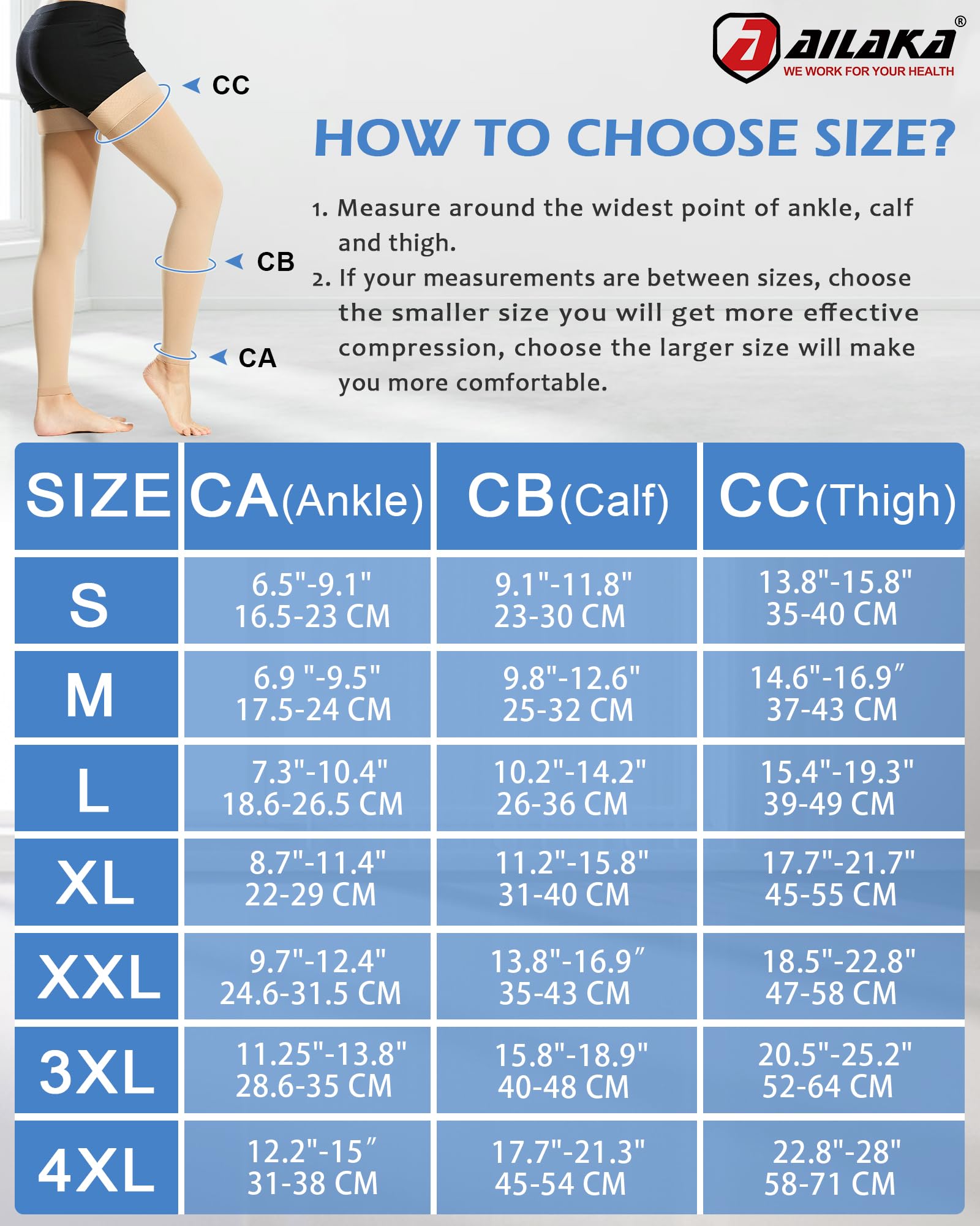 Ailaka Bas de Compression 20-30 mmHg Sans Pied Femme & Homme, Longs jusqu'en Haut de la Cuisse, Bande de Silicone Antidérapante, Soulagement Varices, Œdème, Jambes Lourdes