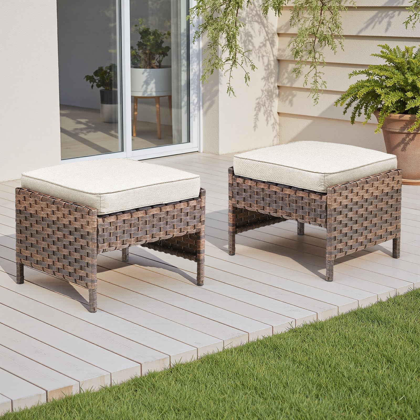 FEISHOMINOO Outdoor Patio Ottomans Set of 2, All Weather PE Rattan Wicker Ottoman w/Removable Cushions, Square Patio Footrest Extra Seating for Deck Porch Sunroom Backyard, Beige
