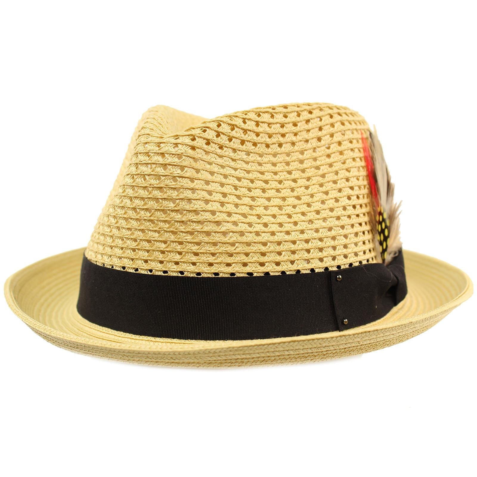 Men's Light Vented Removable Feather Derby Fedora Curled Brim Hat L/XL Natural