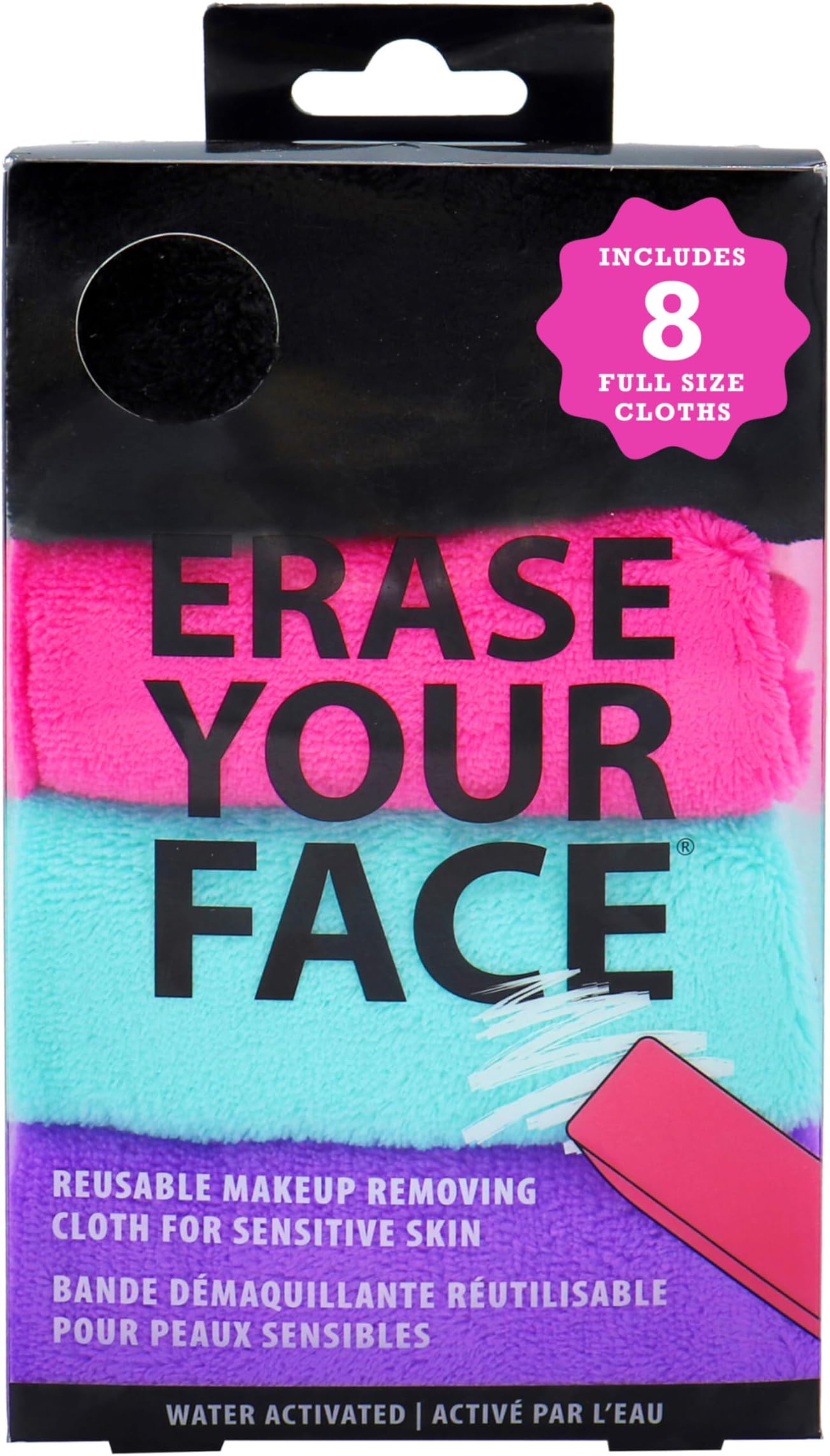 ERASE YOUR FACE Erase Your Face Make Up Removing Cloths, black, blue, pink, purple (8 count)