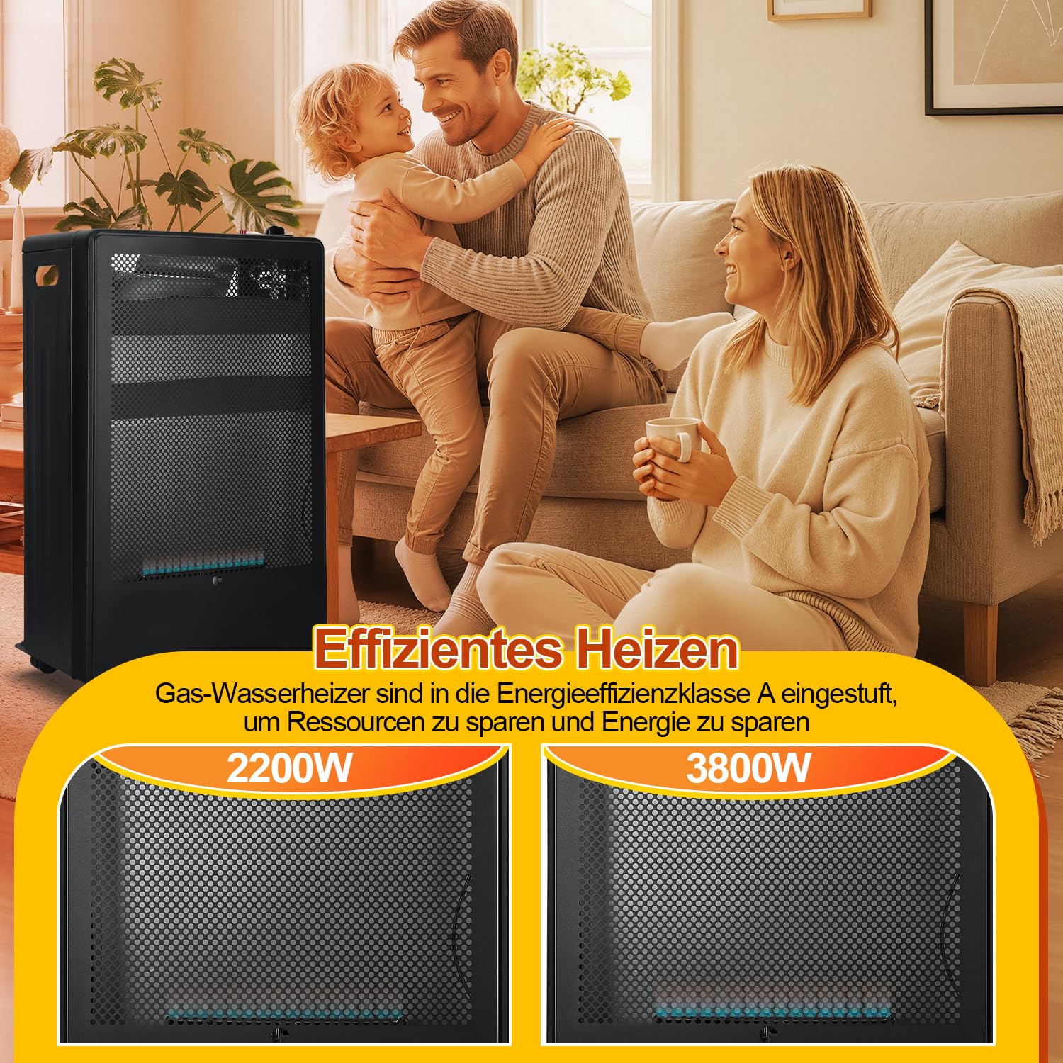 Grzejnik gazowy do wnętrz, 2 stopnie ogrzewania, 2200 i 3800 W, pojemność grzewcza do 80 metrów sześciennych, do butli gazowych 15 kg, niebieski płomień, palnik ze stali nierdzewnej, w