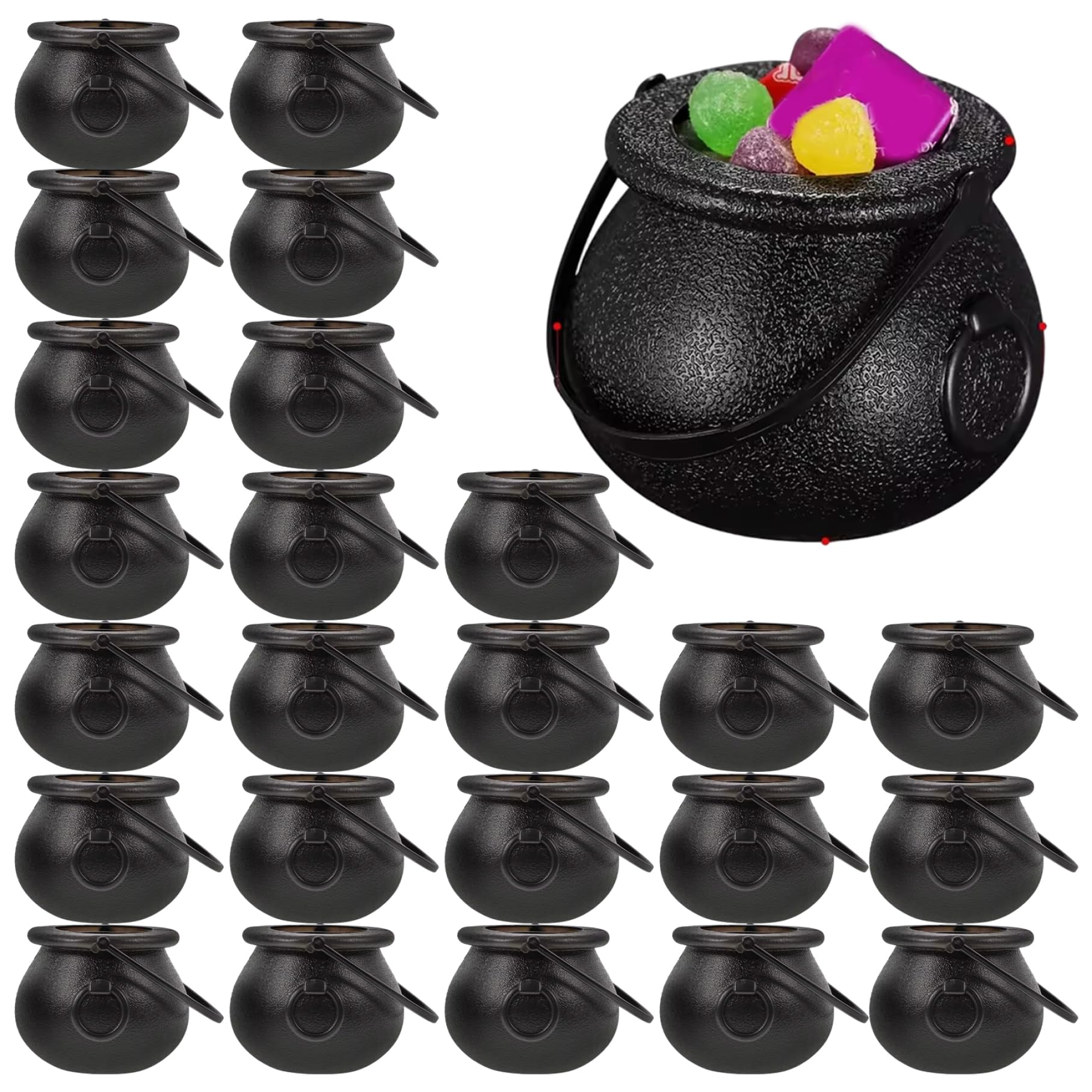 Sjfbebsy Witches Cauldron, 24Pcs 3x2in Mini Plastic Cauldron Pot with Handle Black Halloween Candy Bowl, Witches