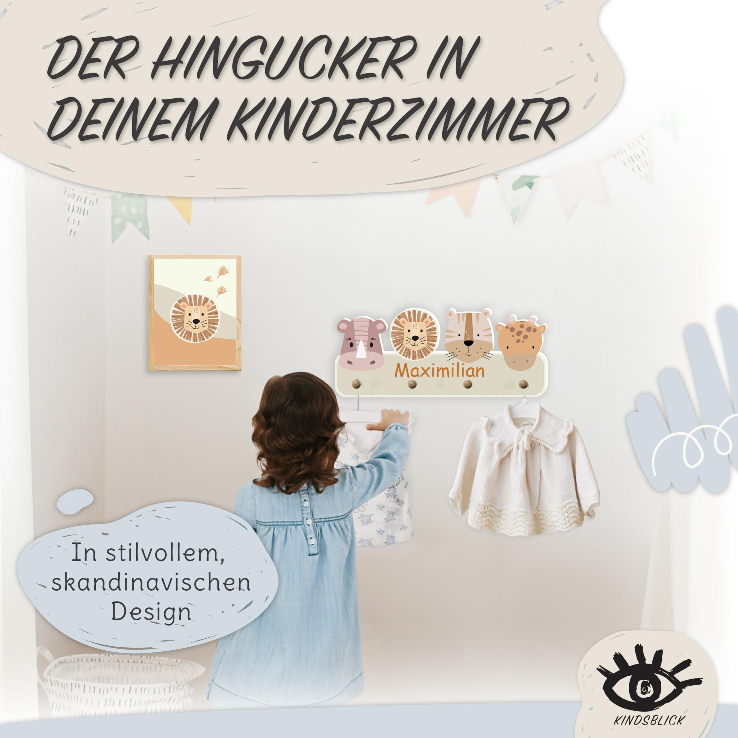 Garderobe mit Wunschname inkl. DIN A4 Poster - Personalisierte Kindergarderobe mit 4 Kleiderhaken für Kinder (Safari Natur)