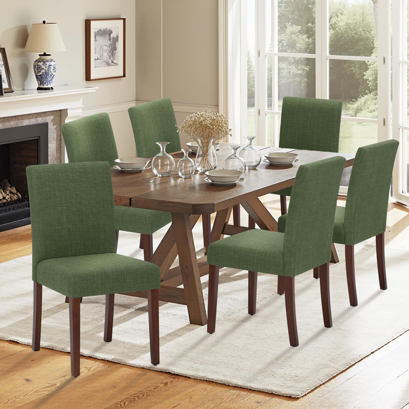 Homixis Upholstered Dining Chairs Set of 6 - Line Fabric Modern Farmhouse Kitchen Chairs,Mid-Back Dining Room Chairs with Wooden Legs