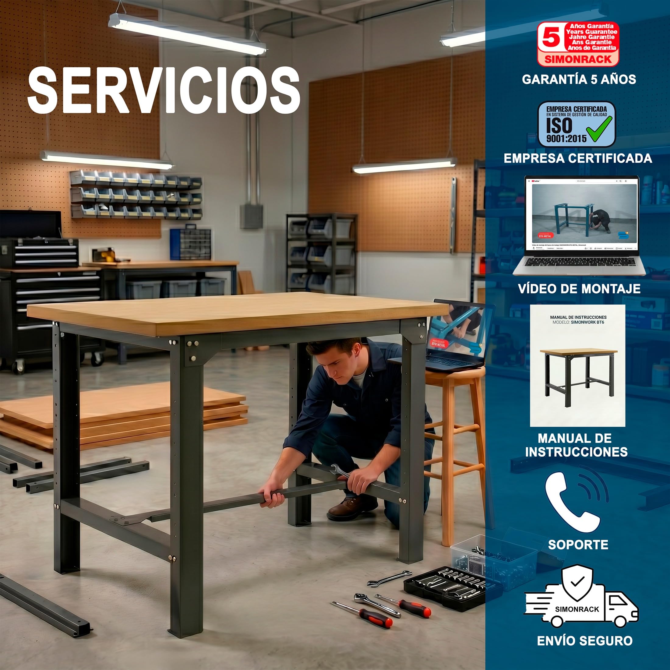 Simon Rack Mesa de Trabajo Taller 1200x750 mm - BT6 | Tablero MDF 35 mm, Pintura anticorrosión, Capacidad Carga 600 kg, Gris