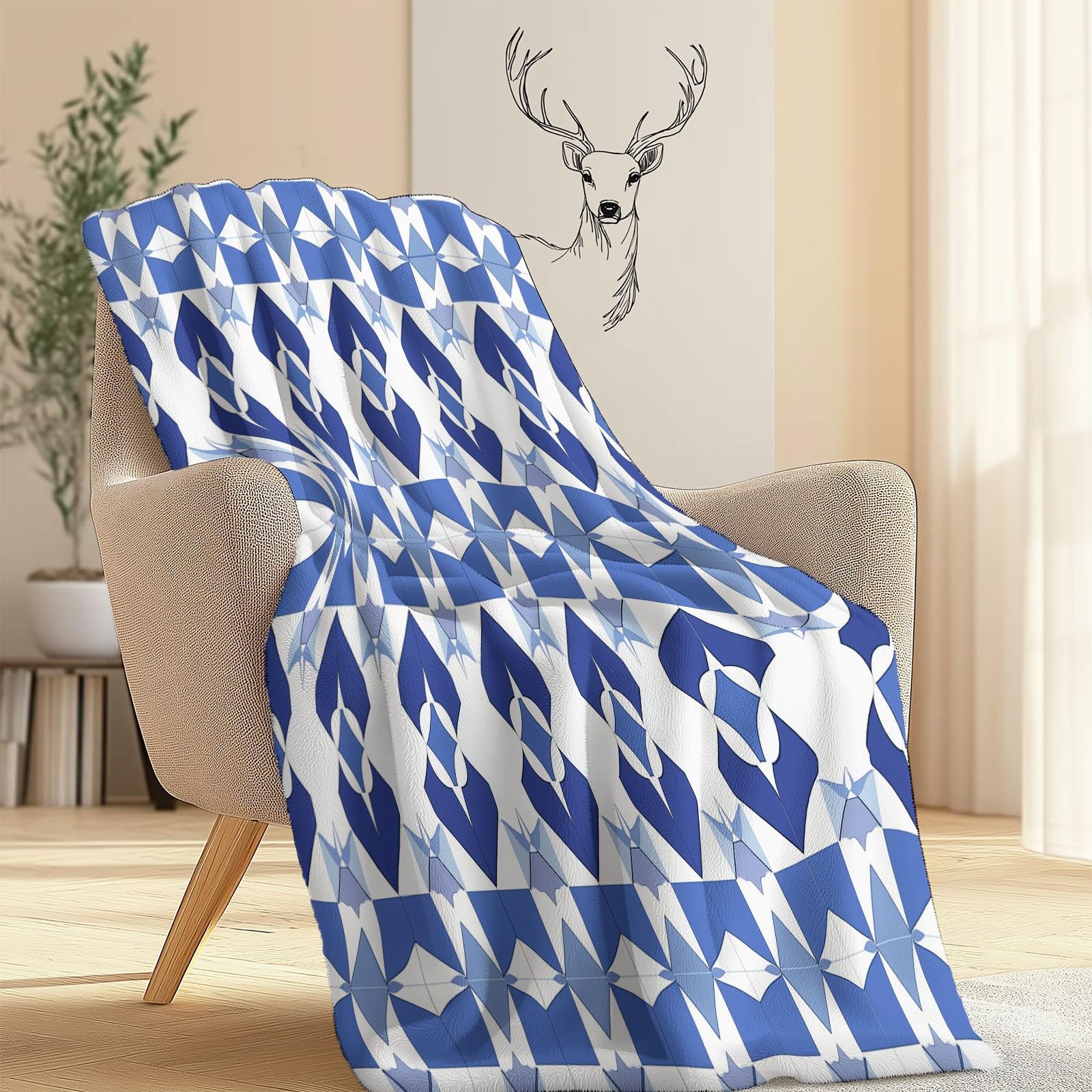 Manta Polar con Estampado Geométrico Azul, Minimalist para Sofá de Microfibra Manta de Felpa Suave Manta de Cama o de Sala de Estar 180x200 cm