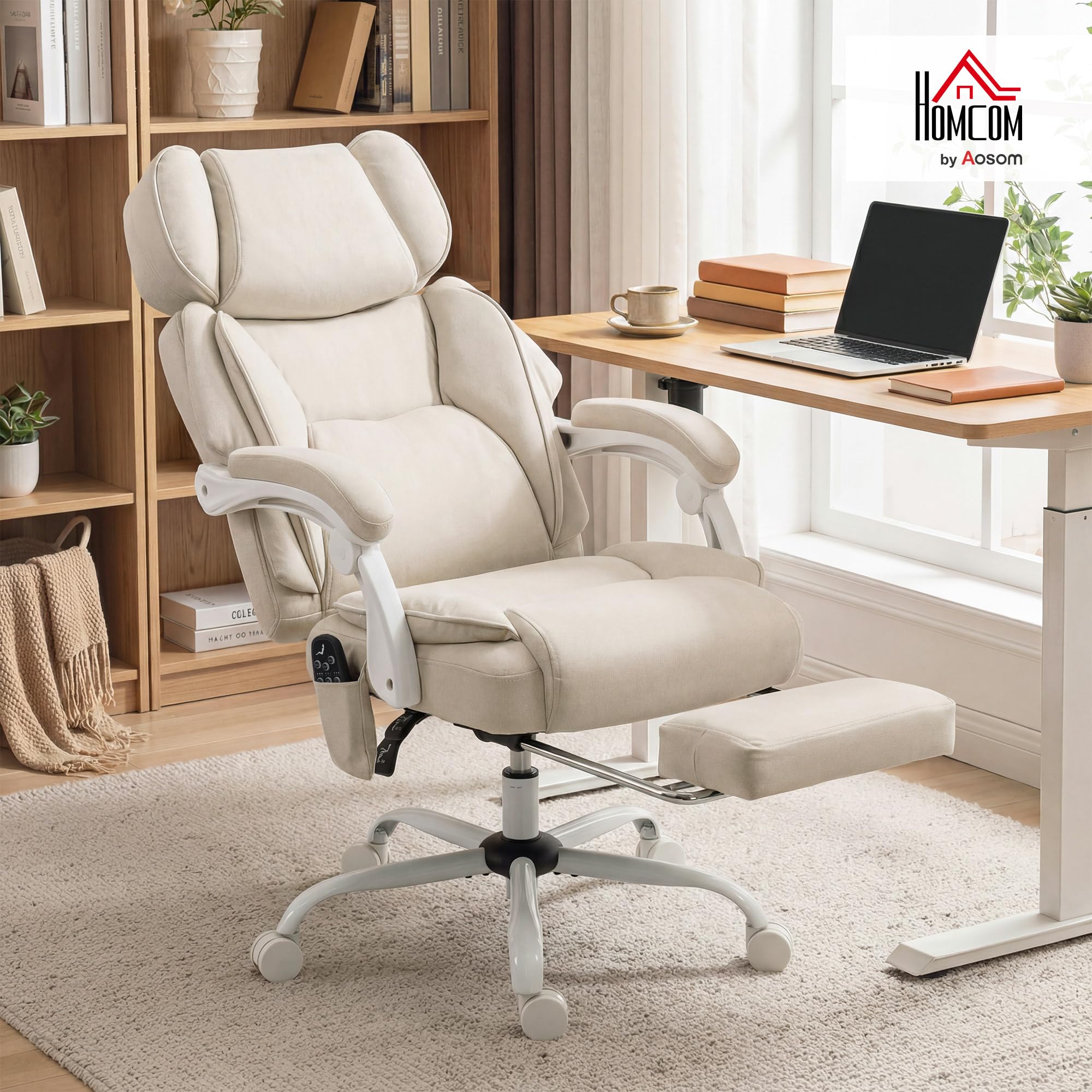 HOMCOM Bürostuhl mit Massagefunktion, Ergonomisch Schreibtischstuhl mit Liege- & Wärmefunktion, Verstellbarer Kopfstütze, Höhenverstellbar Drehstuhl mit Lordosenstütze, Fußstütze Kunstleder Cremeweiß