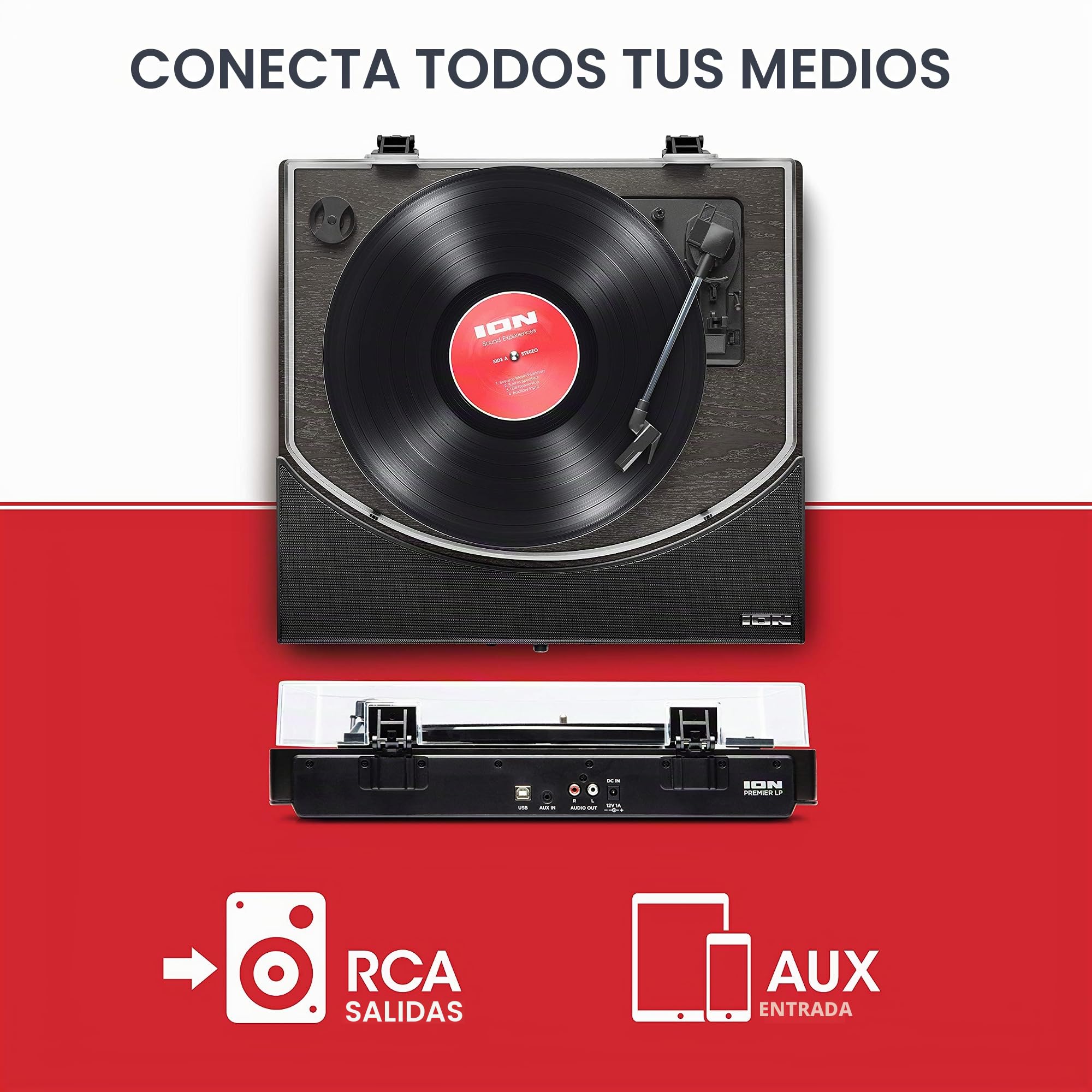 ION Audio Premier LP - Tocadiscos de Vinilo Bluetooth, de 3 velocidades, Altavoces estéreo, Salida USB para convertir vinilos a Formato Digital, Salidas de Auriculares y RCA, Acabado en Negro