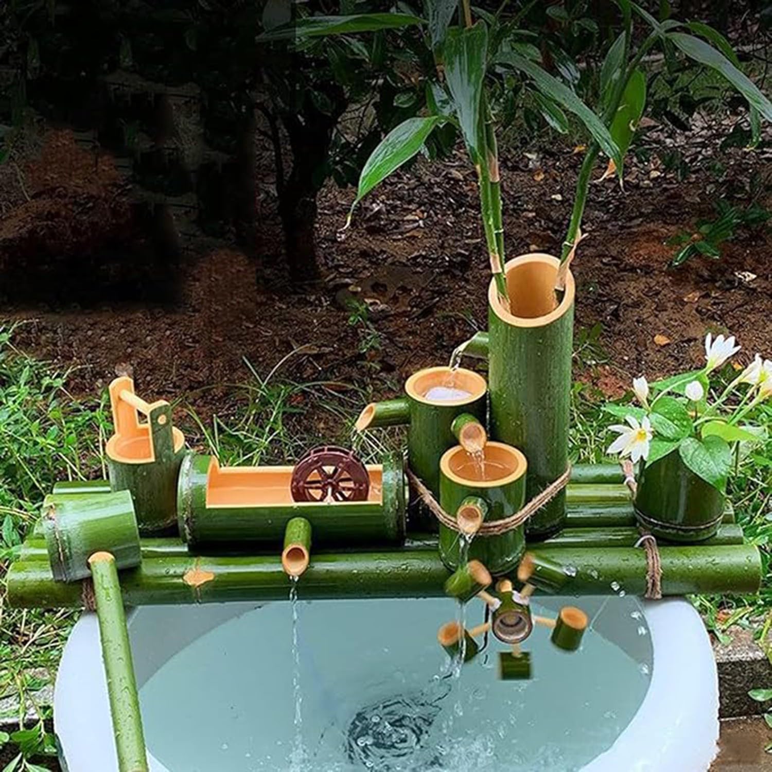 asdchZen Japanese Water Feature,Garden Water Fountain With Pump, Indoor Outdoor Bamboo Water Fountain, Stone Trough Fish Tank Fountain, Garden Rockery Waterfall Decor With Filter,