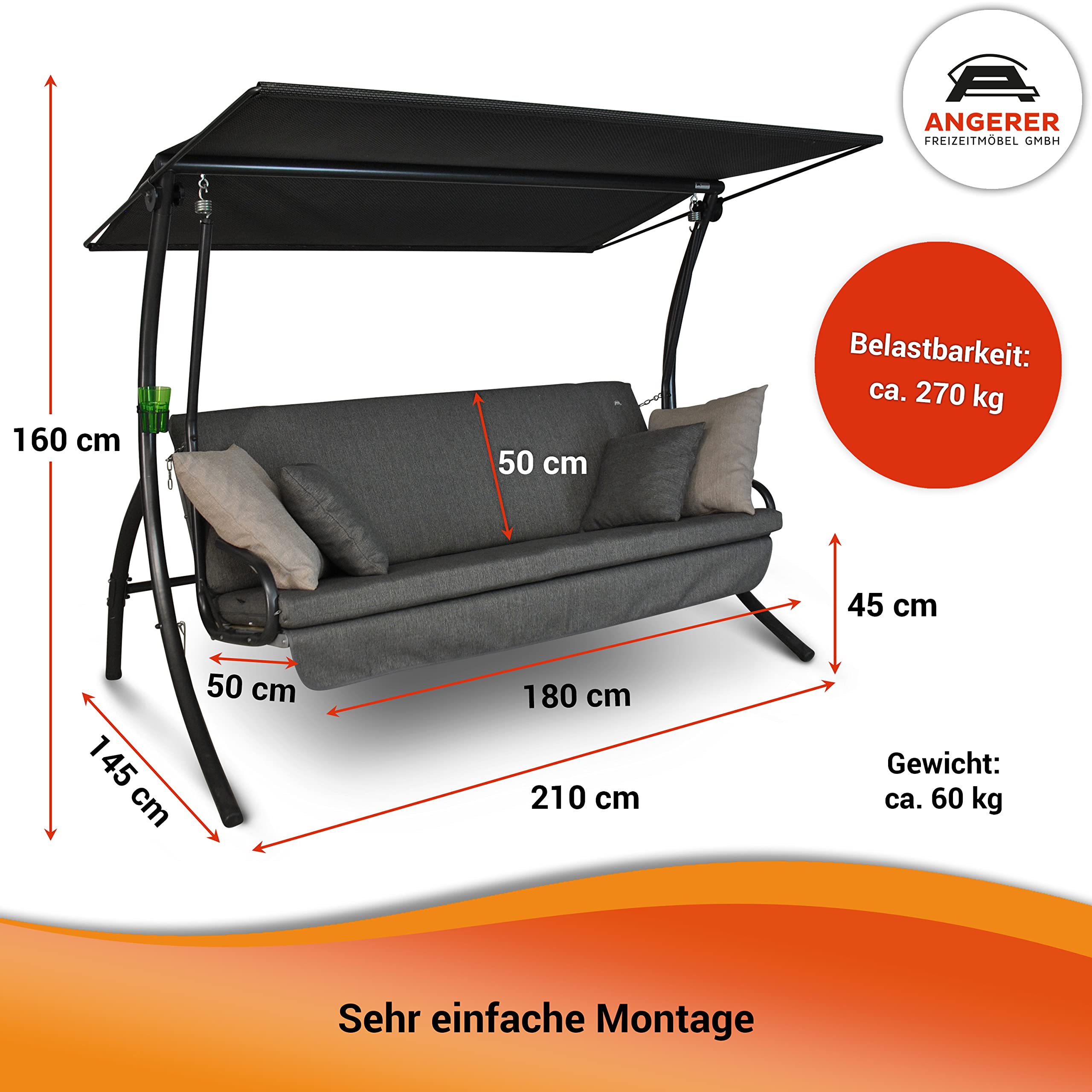 ANGERER Hollywoodschaukel Drift Smart hellgrau | Gartenschaukel Made in Germany, Schaukel zum Sitzen, Liegen und Entspannen, inklusive Bett-Funktion, einfache Montage