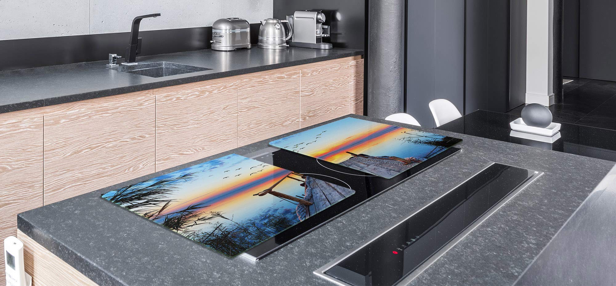 Groß Küchenbrett aus Hartglas und Kochplattenabdeckung SINGLE mit 80 x 52 cm und DOUBLE - zwei Bretter mit 40 x 52 cm Nature series DD08