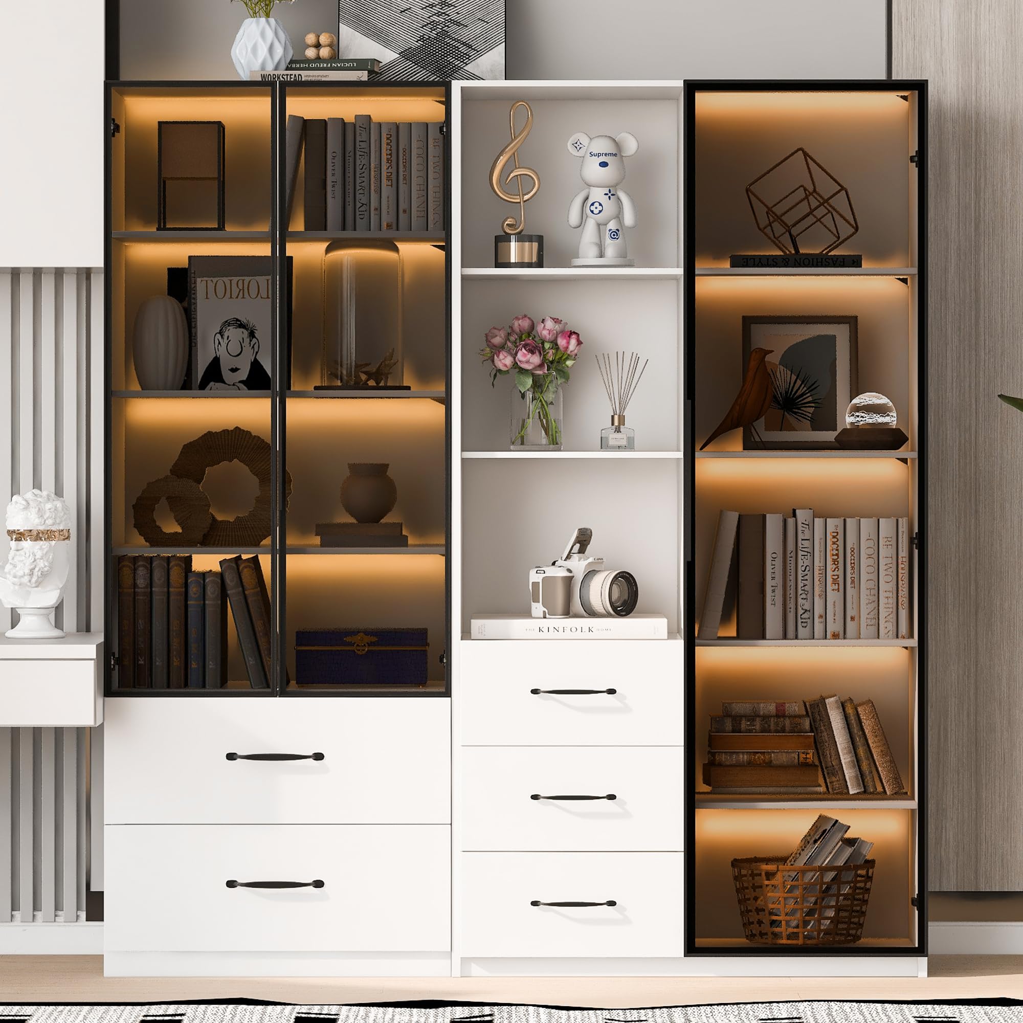 Vetrina in vetro 140 x 40 x 160 cm, armadio alto, libreria e armadio multifunzione con scomparti in vetro e aperti, cerniere a chiusura delicata, vetrina LED multicolore