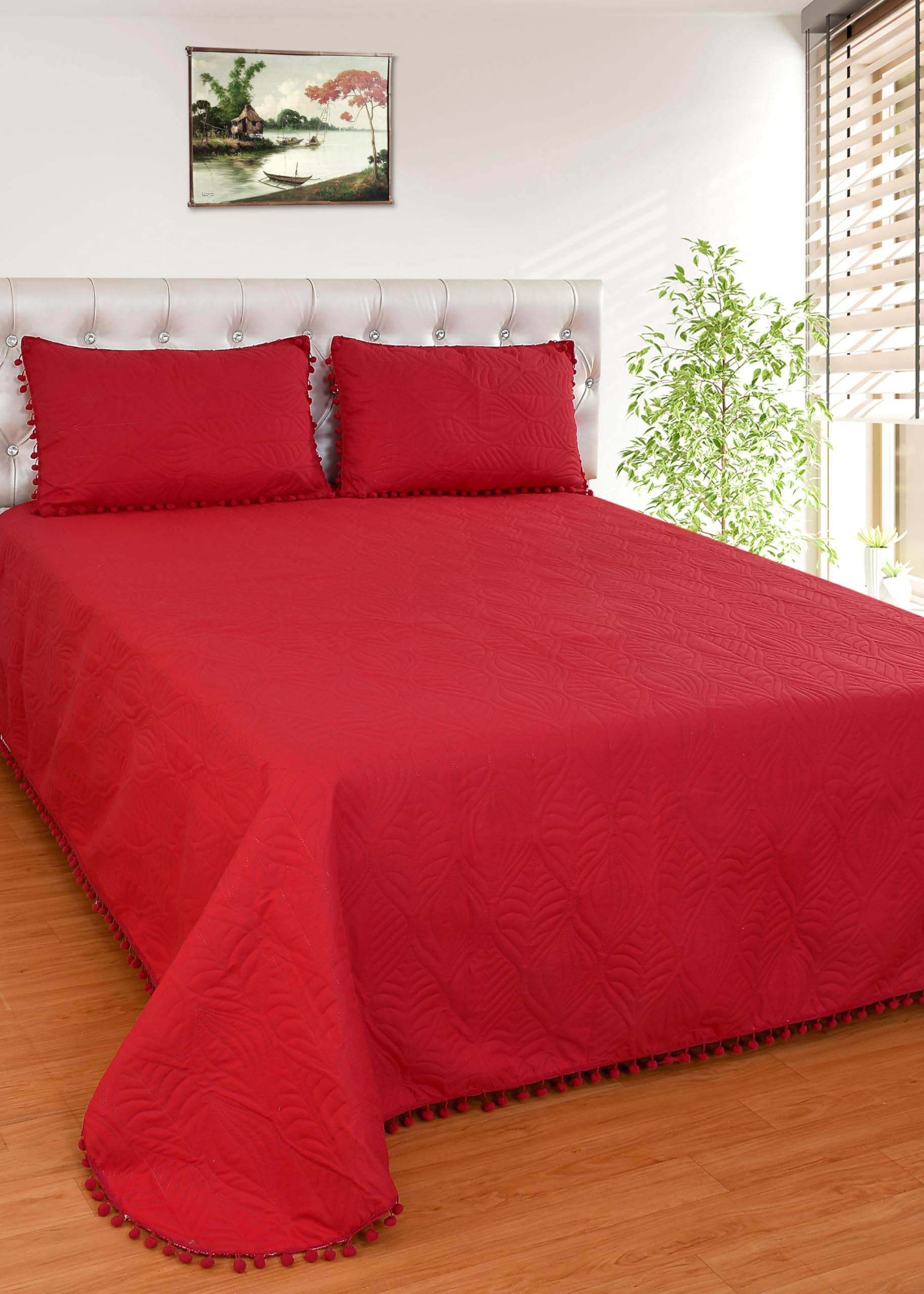 MORADO Luxury Ultrasonic Glace Cotton Solid Bubble lace Lightweight All Season Bedspreads/Bed Cover with 2 King Size Pillow Covers - (90x100 Inches,Cherry)-image-19