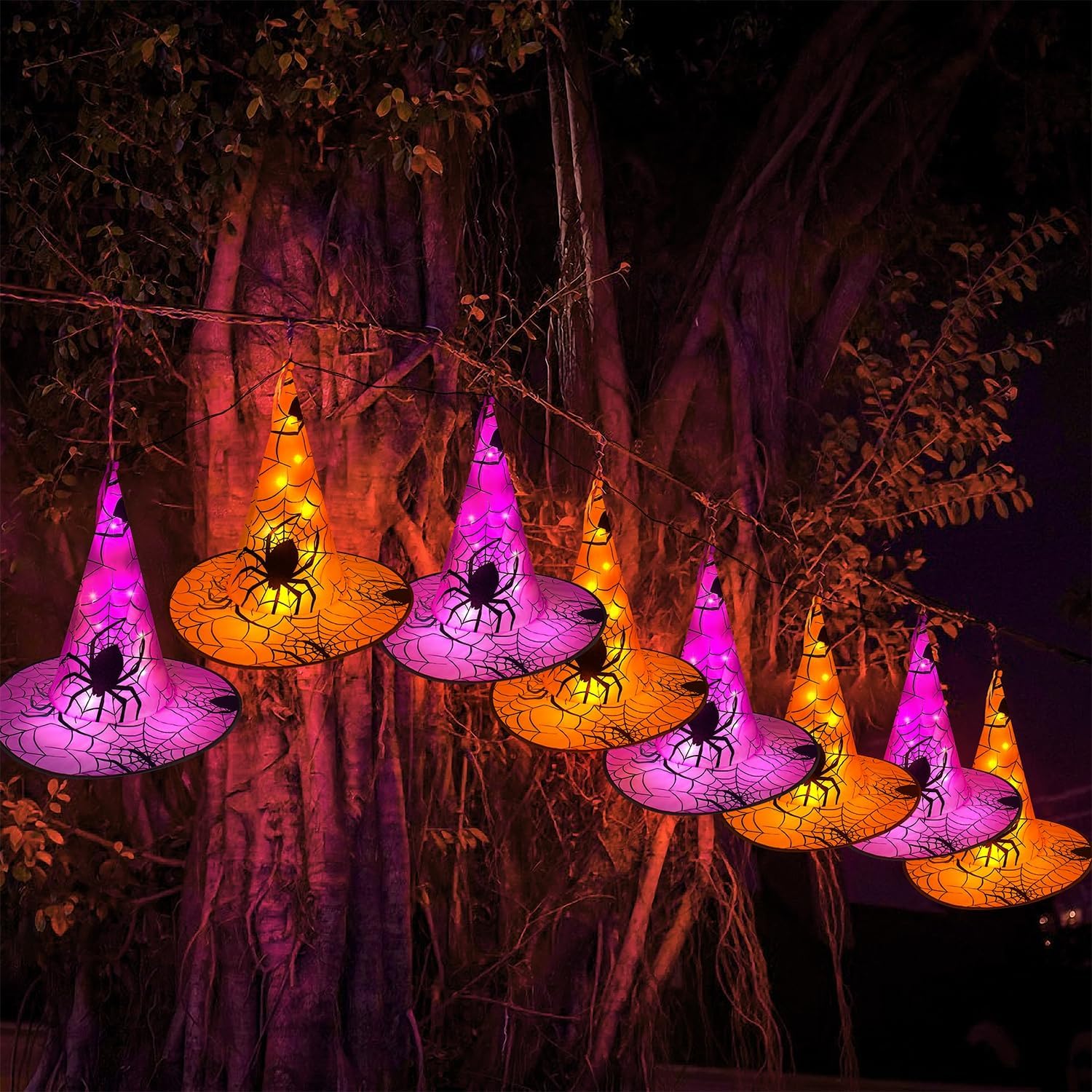 WATERGLIDE Halloween Decorations, 12Pcs Each Lighted Hanging Witch Hats, with 8 Modes Light Up 14 FT Halloween String Lights, for Indoor Outdoor Yard, Lawn, Graveyard Scenes Party