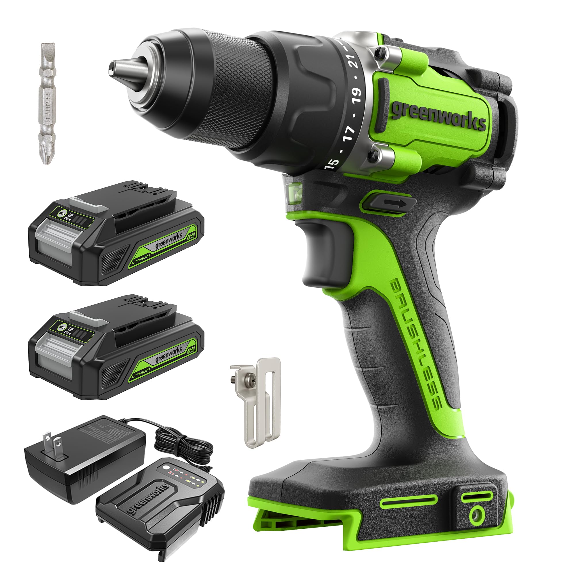 Greenworks 24V Brushless 1/2" Hammer Drill Kit – 530 In-lbs Torque, 20+3 Clutch, LED Light, 2.0Ah Battery, Charger & 5 Drill Bits Included
